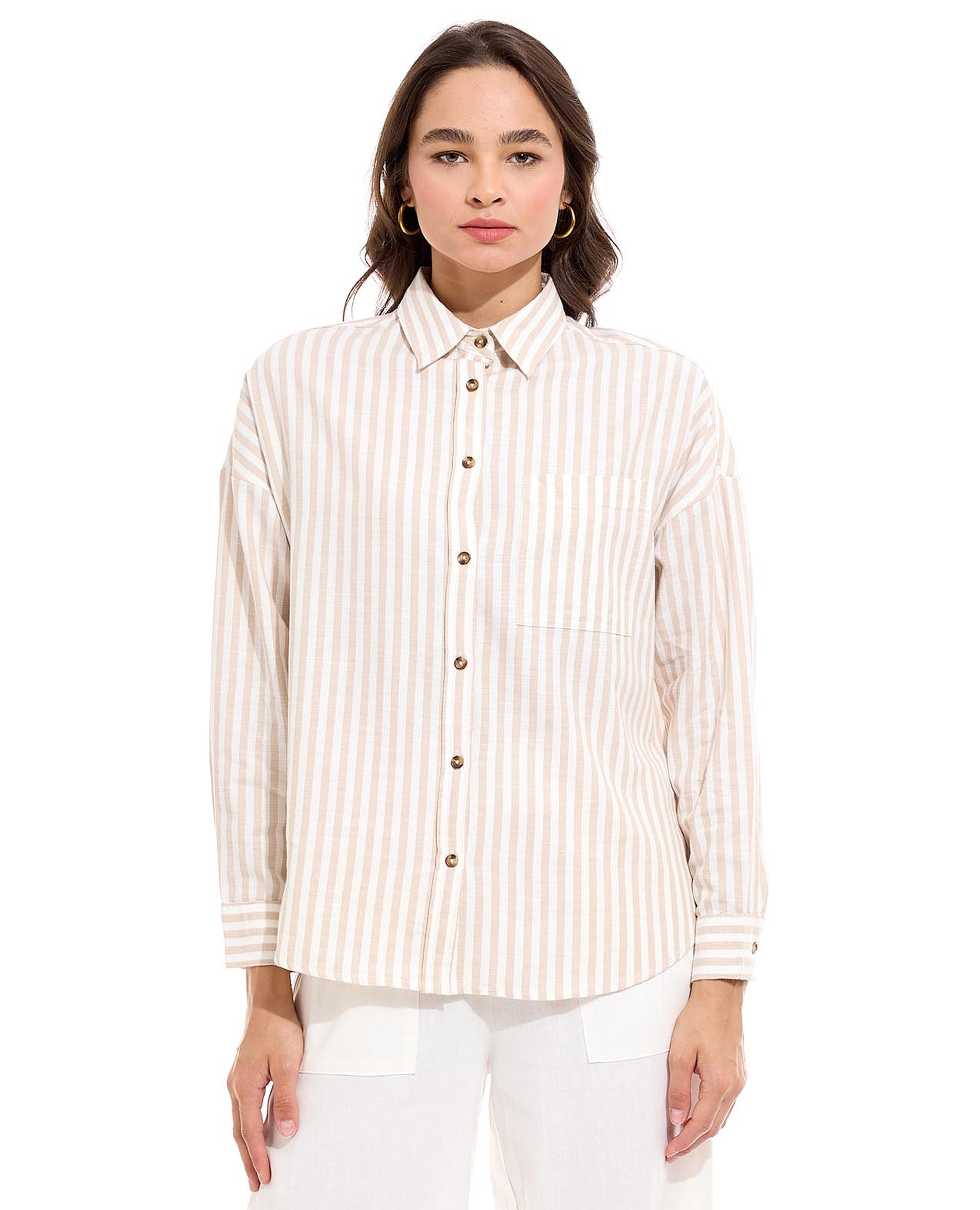 Striped Shirt with Spread Collar  Long Sleeves