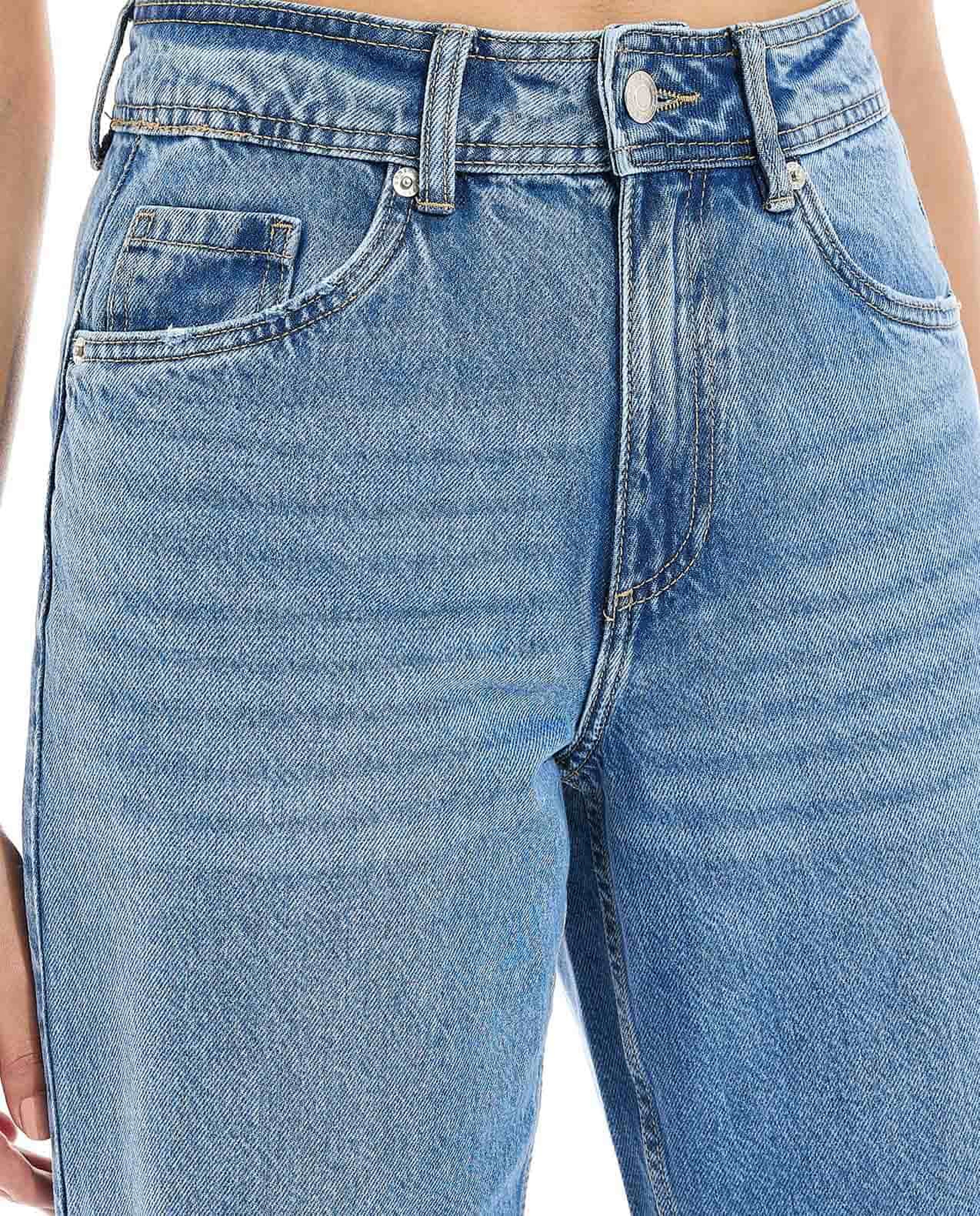 Faded Wide Leg Jeans with Button Closure