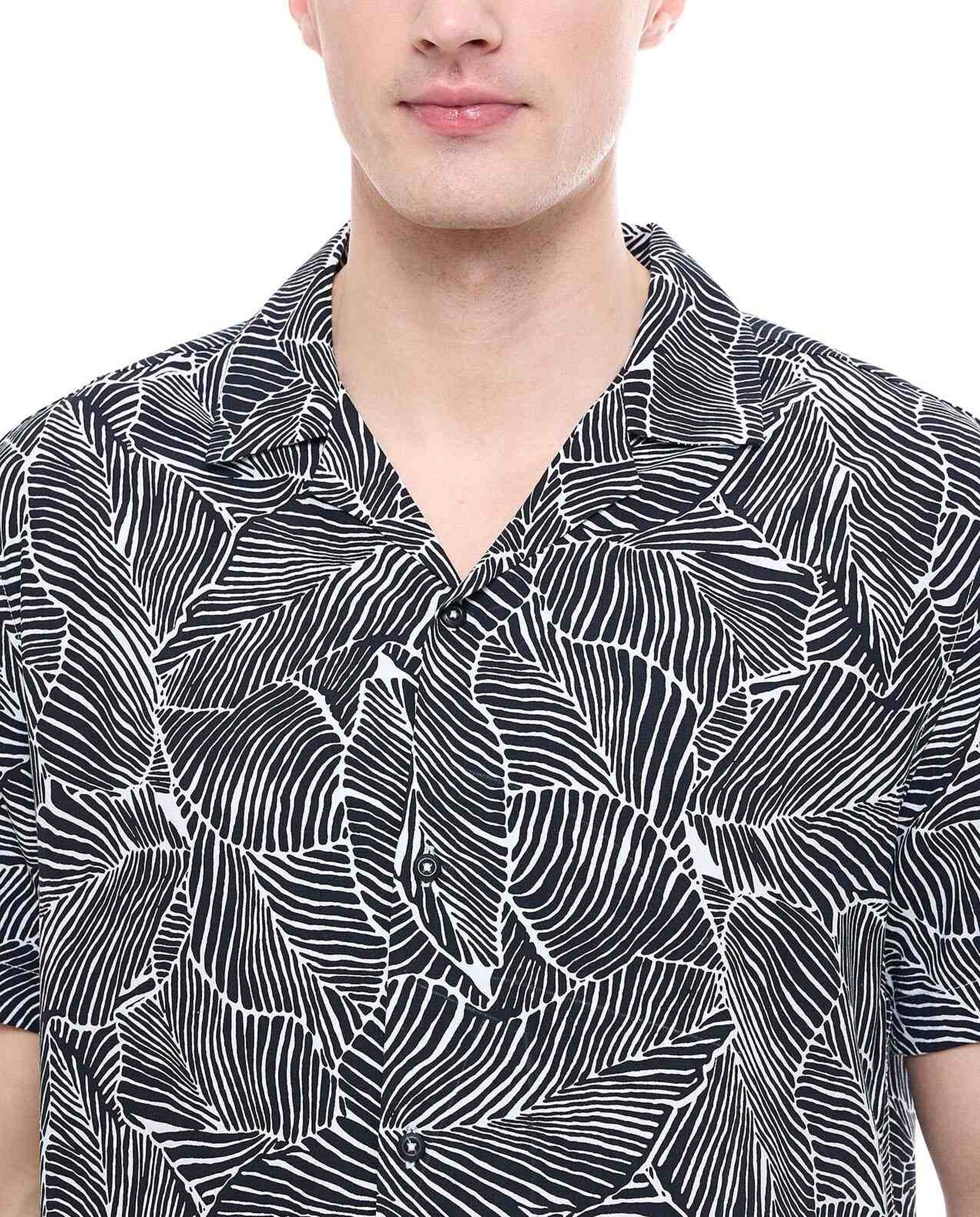 Printed Shirt with Revere Collar and Short Sleeves