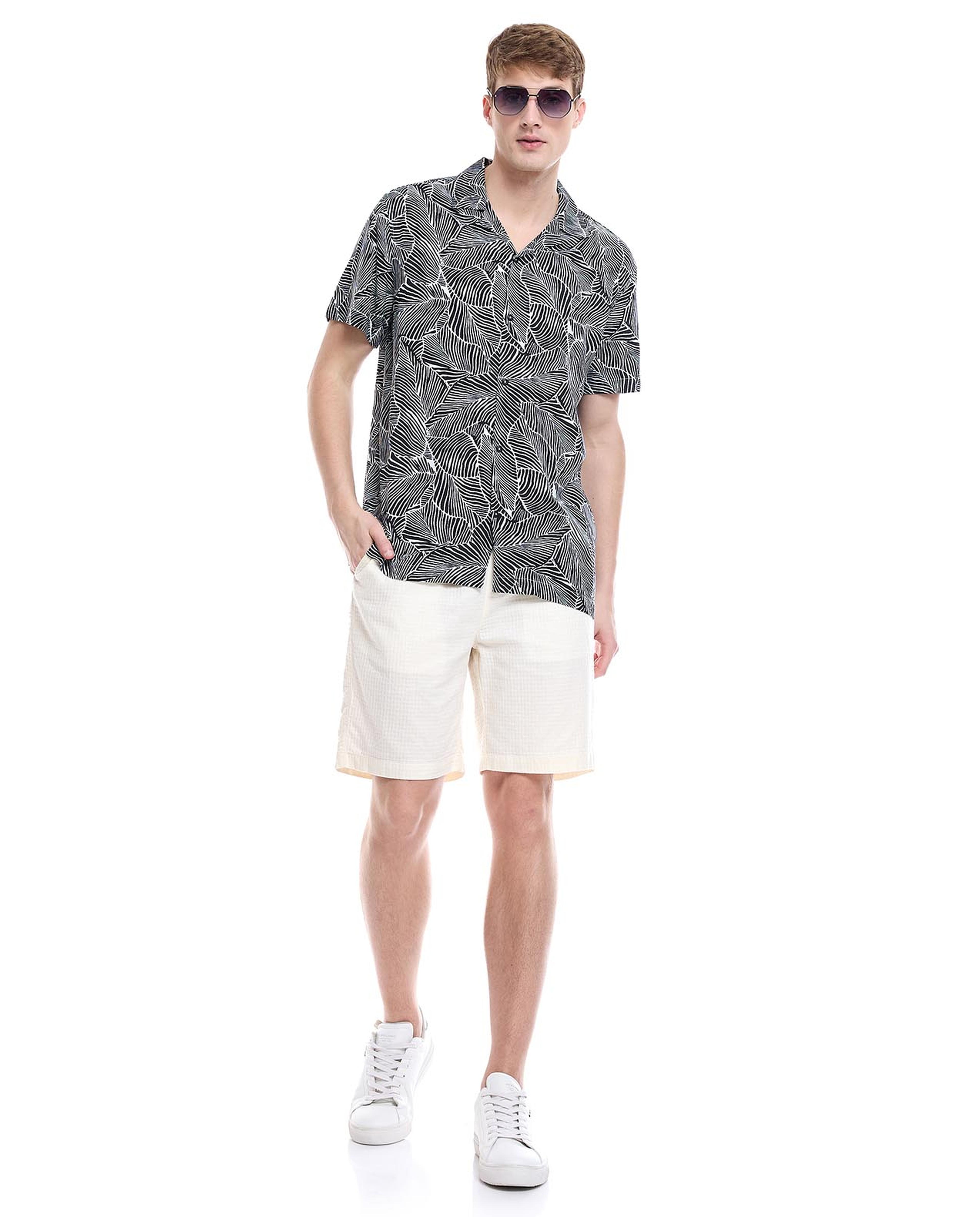 Printed Shirt with Revere Collar and Short Sleeves