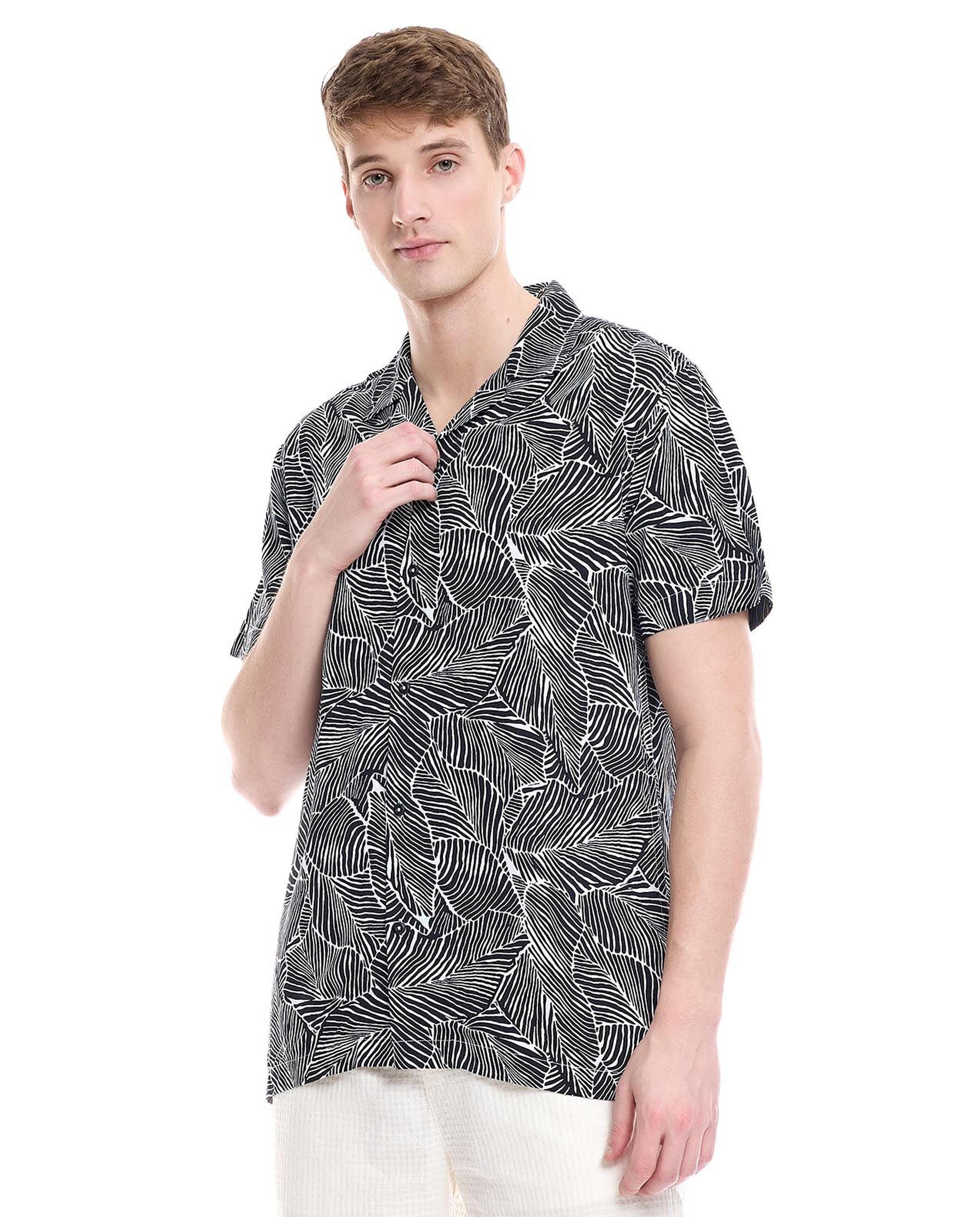 Printed Shirt with Revere Collar and Short Sleeves