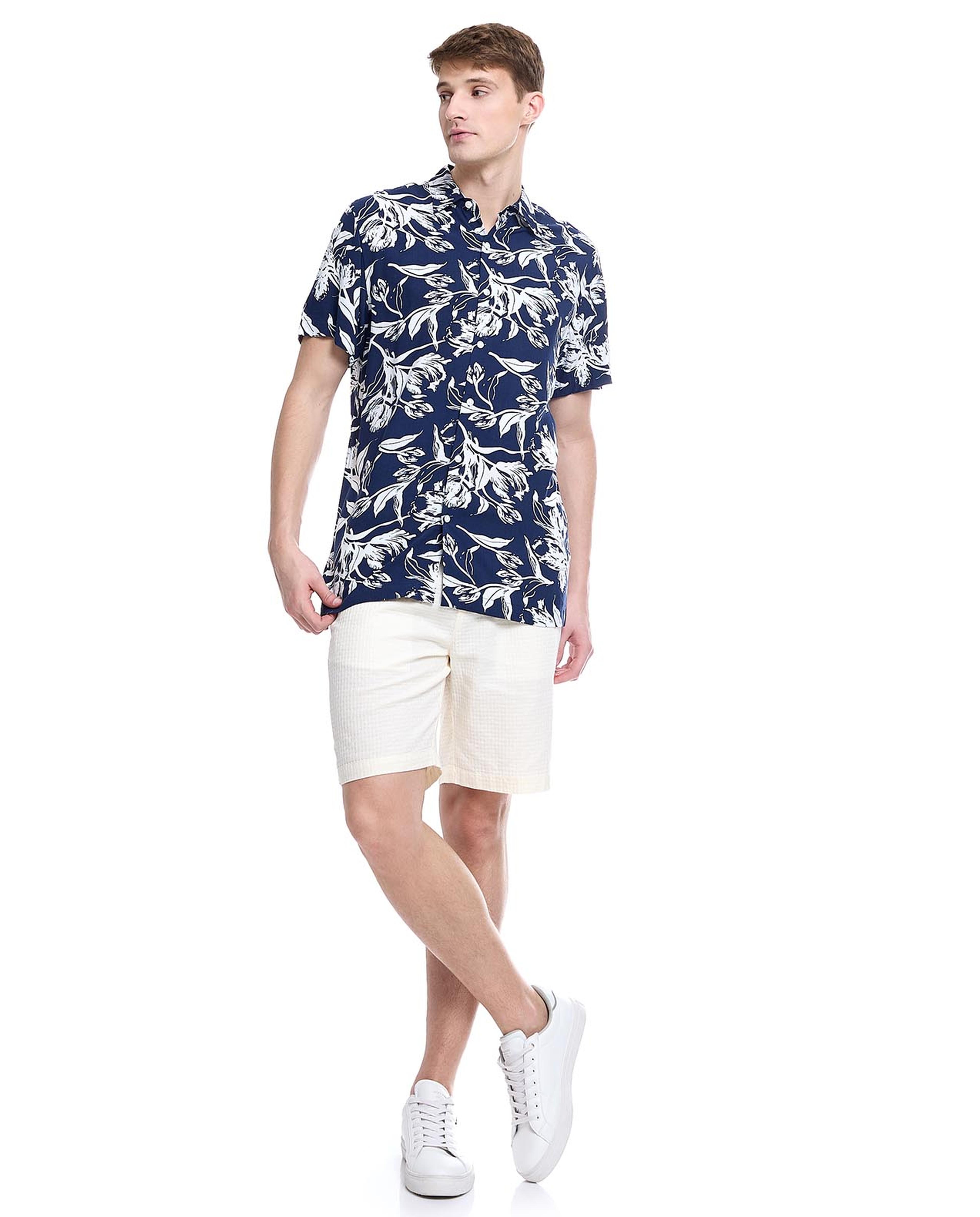 Printed Shirt with Revere Collar and Short Sleeves