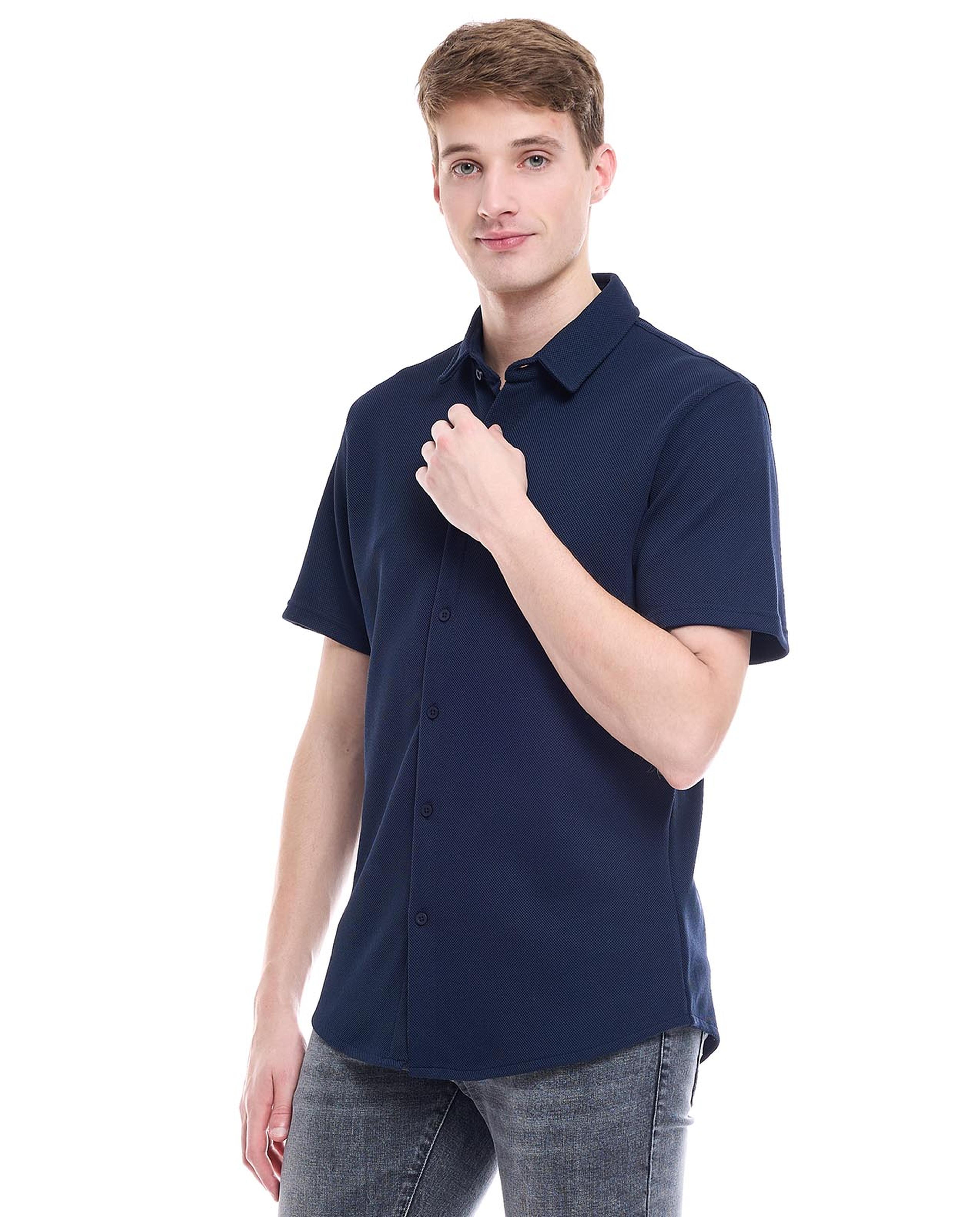 Solid Shirt with Spread Collar and Short Sleeves