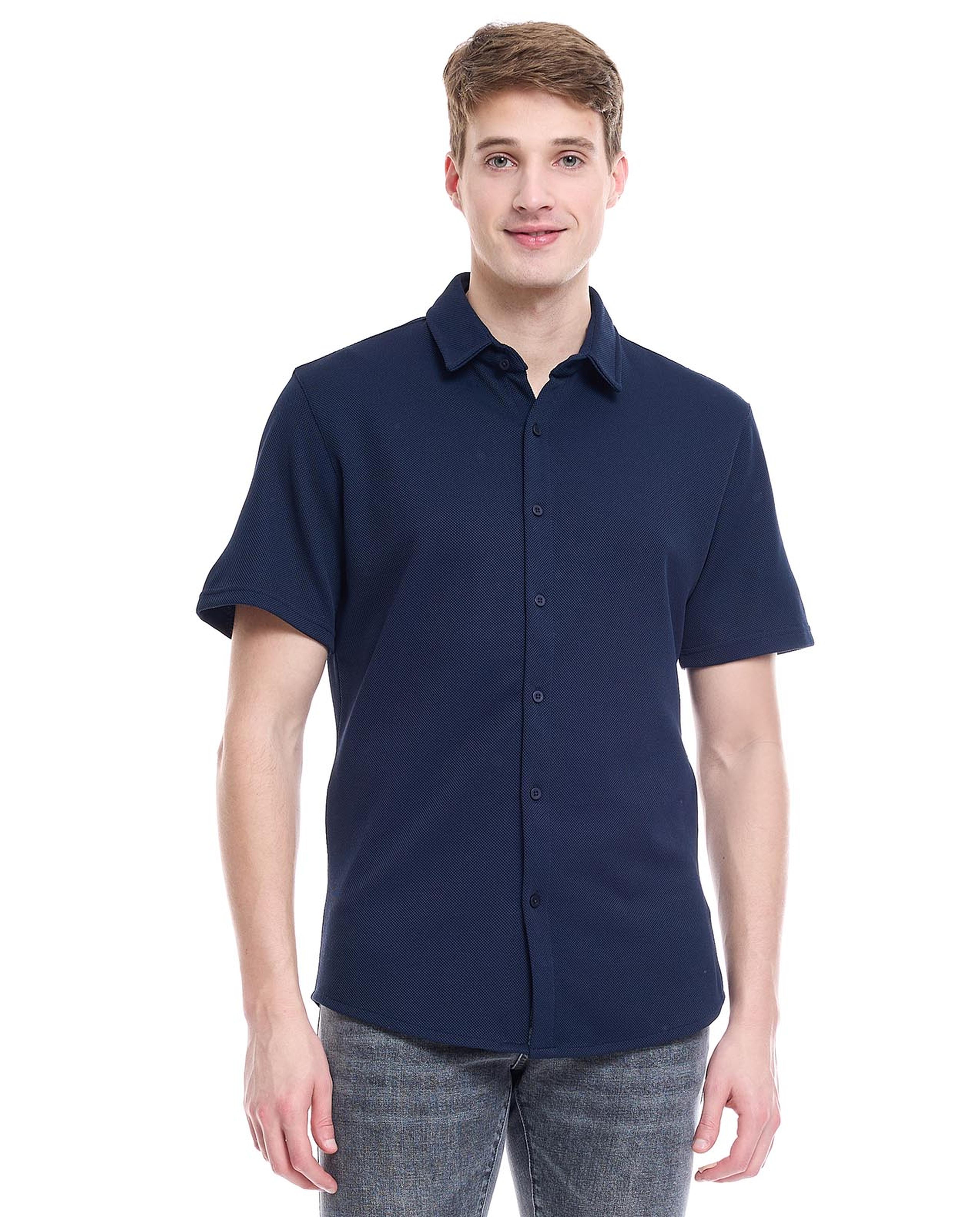 Solid Shirt with Spread Collar and Short Sleeves