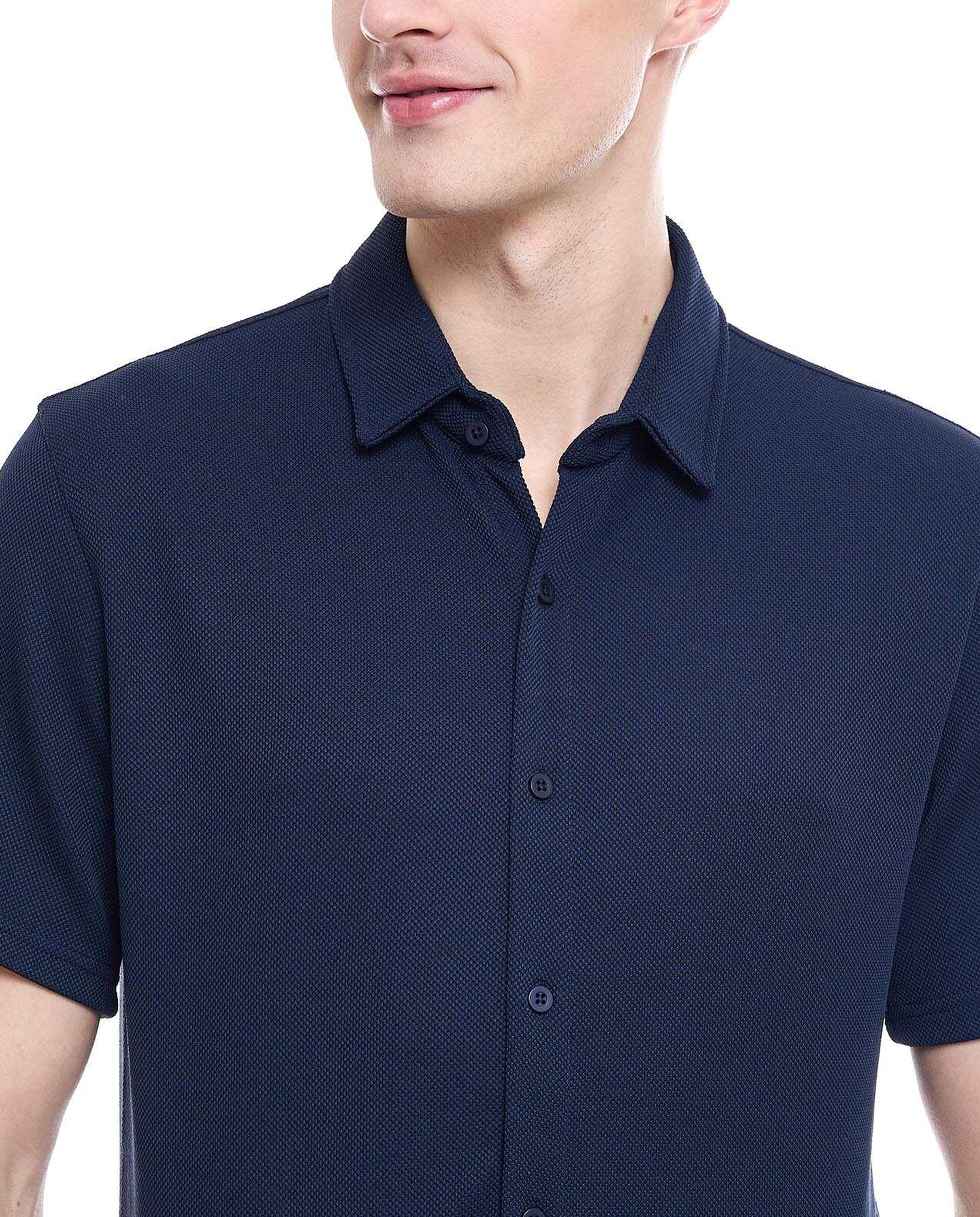 Solid Shirt with Spread Collar and Short Sleeves