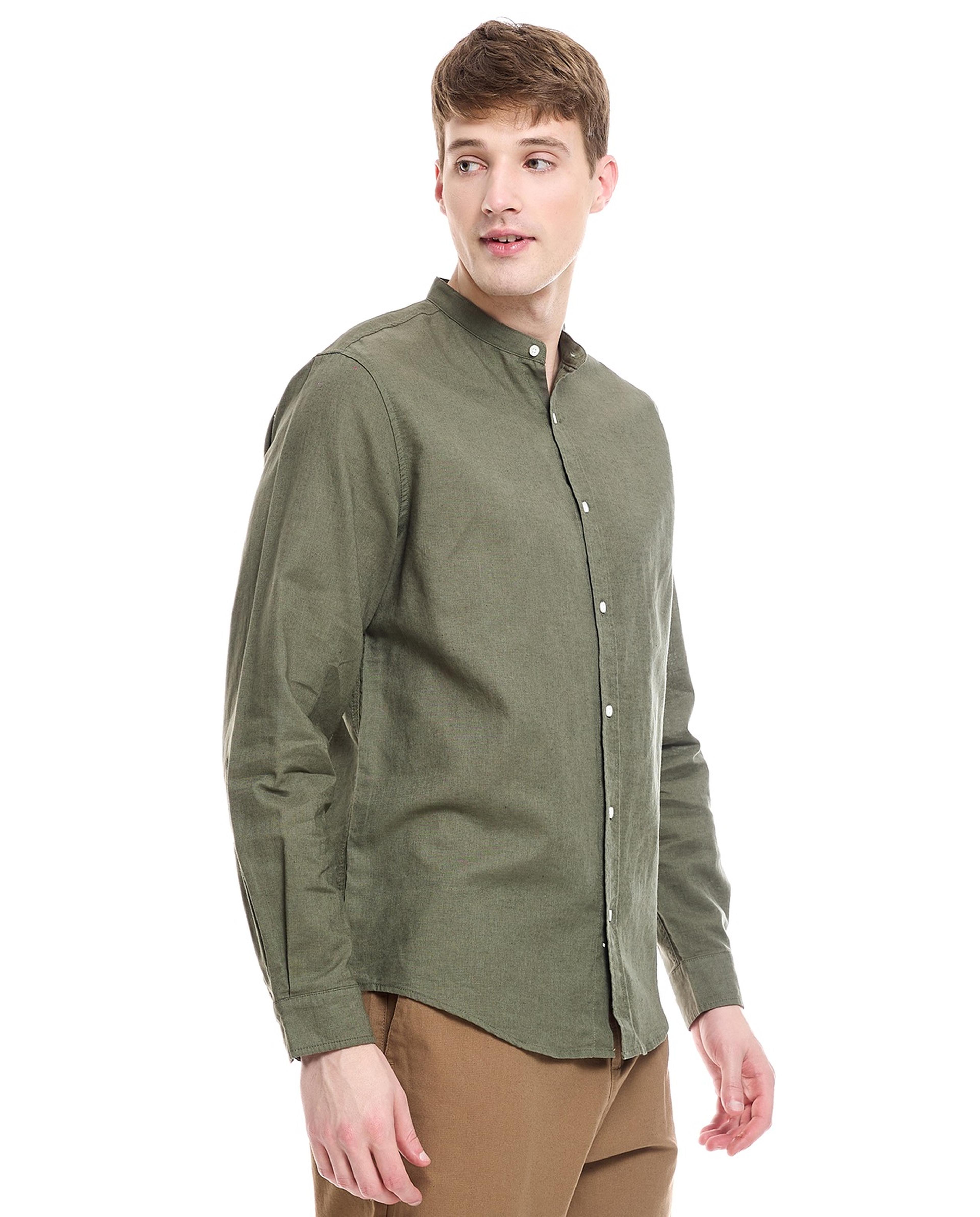 Solid Shirt with Mandarin Collar and Long Sleeves