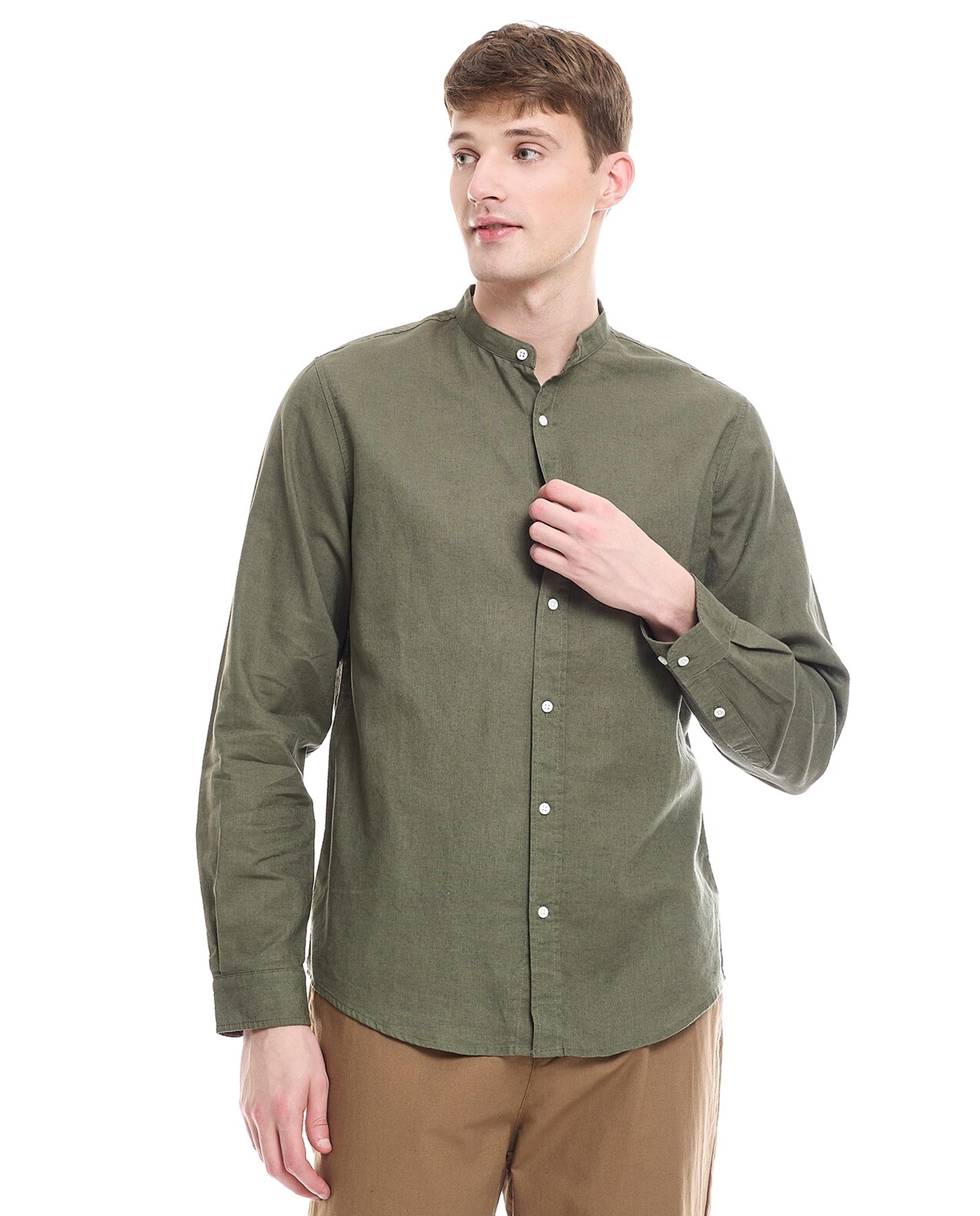 Solid Shirt with Mandarin Collar and Long Sleeves