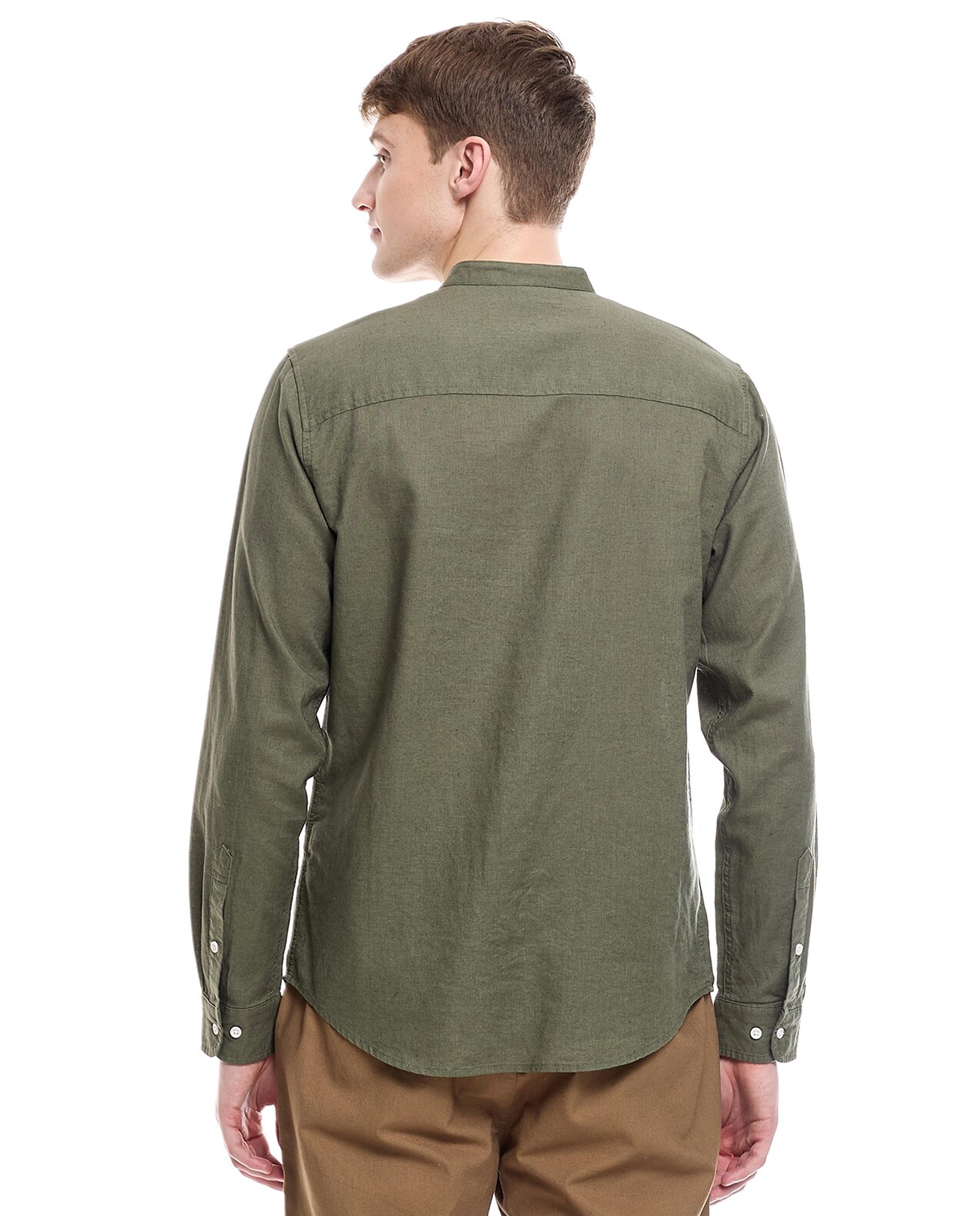 Solid Shirt with Mandarin Collar and Long Sleeves