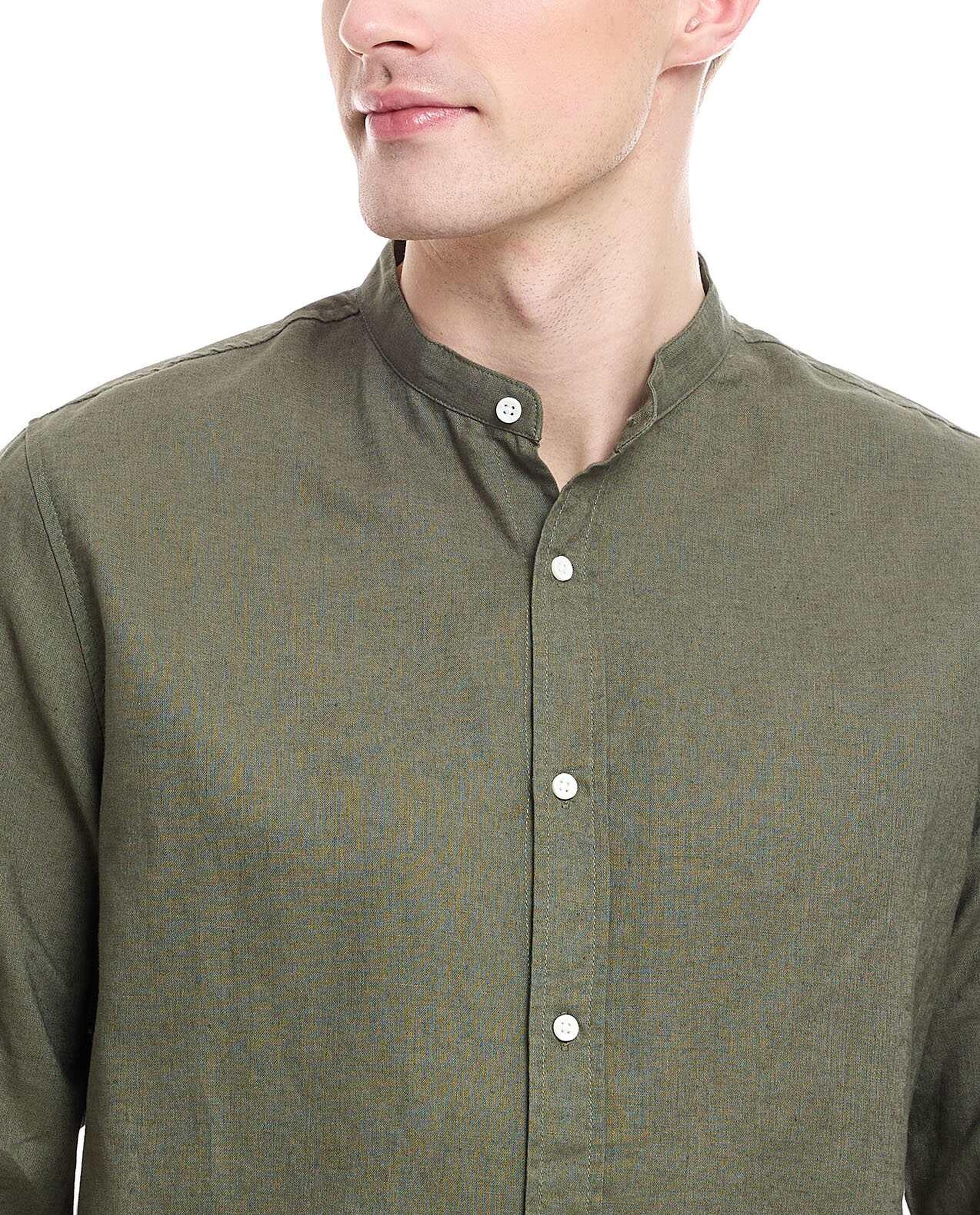 Solid Shirt with Mandarin Collar and Long Sleeves