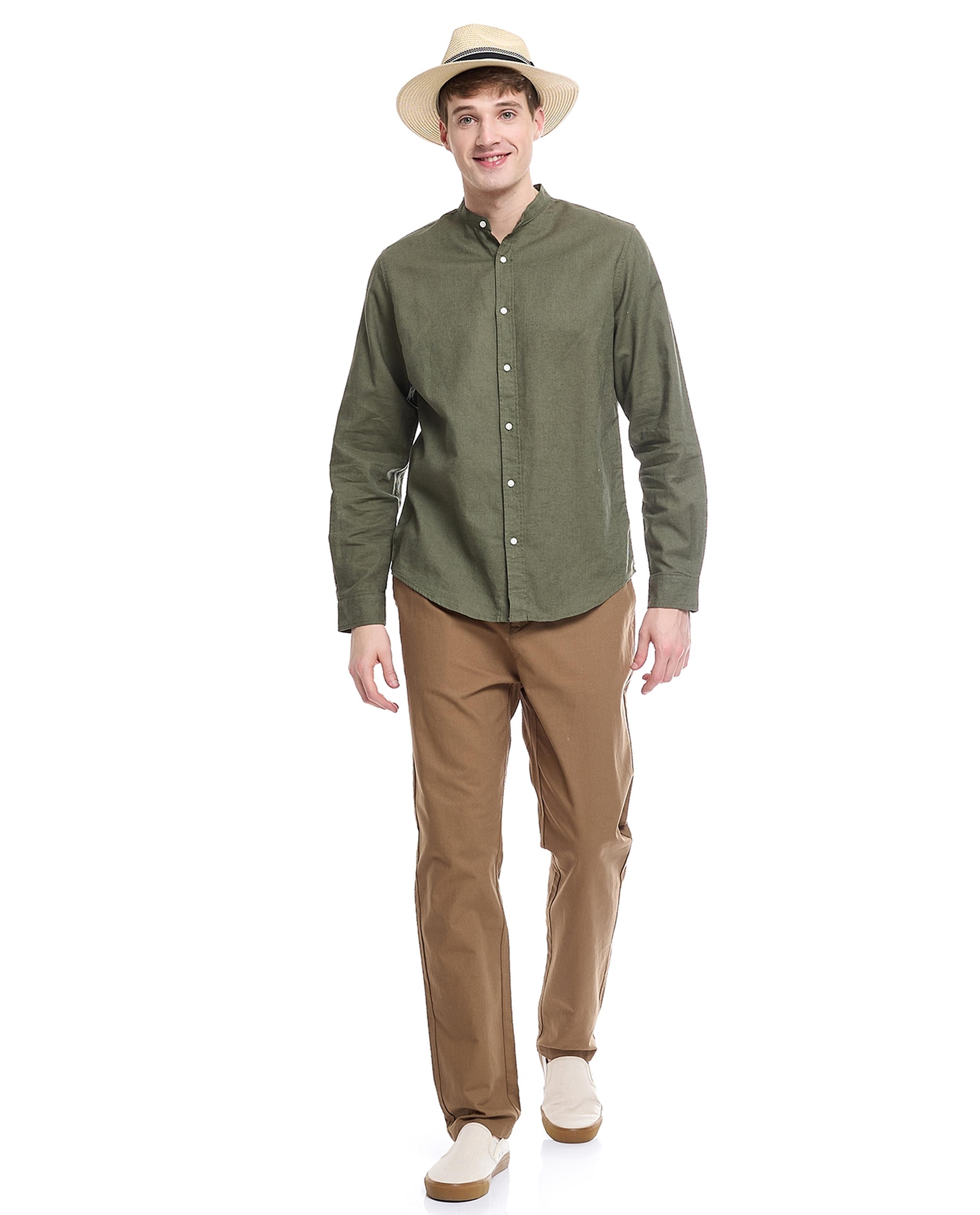 Solid Shirt with Mandarin Collar and Long Sleeves