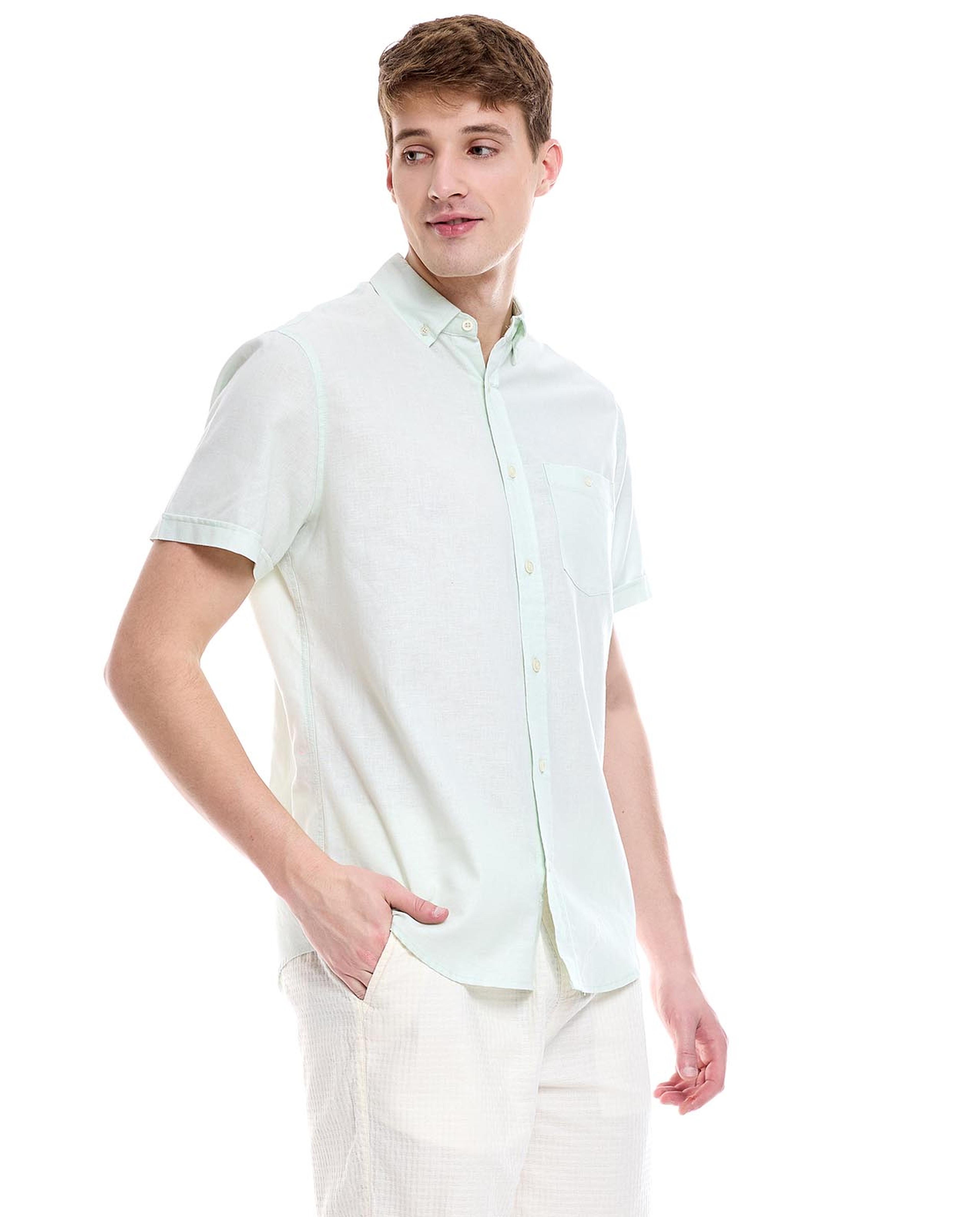 Solid Shirt with Button-Down Collar and Short Sleeves