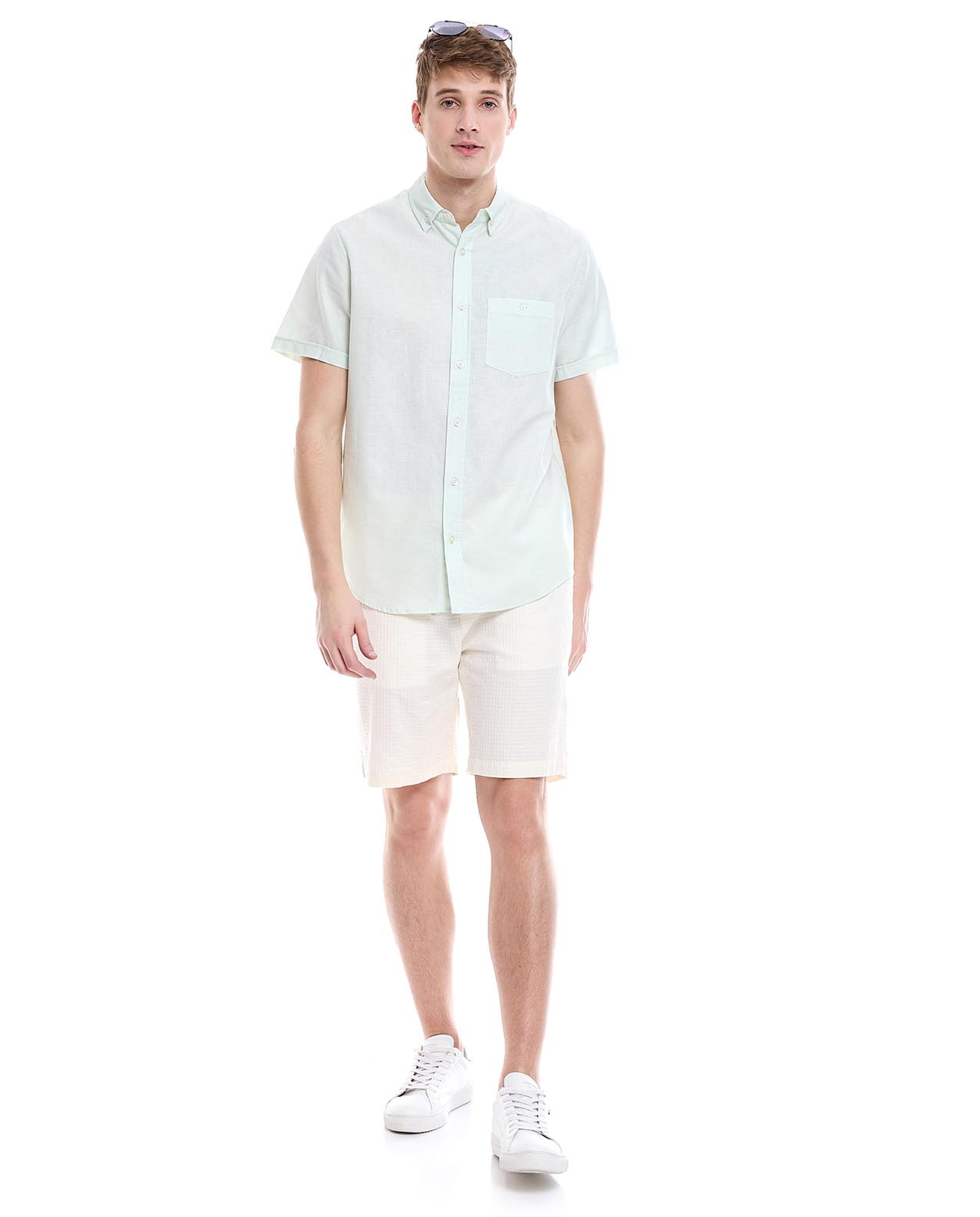 Solid Shirt with Button-Down Collar and Short Sleeves
