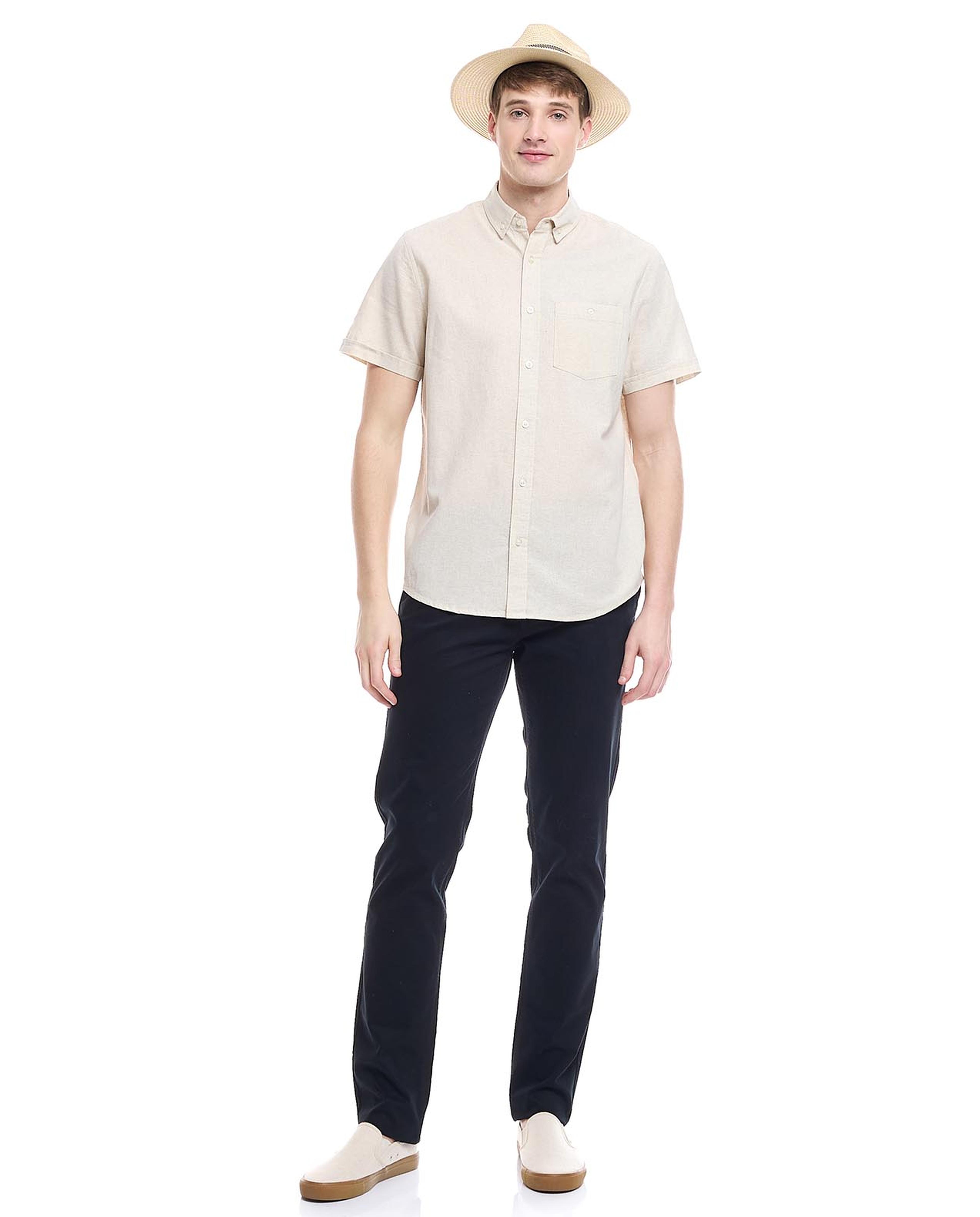 Solid Shirt with Button-Down Collar and Short Sleeves