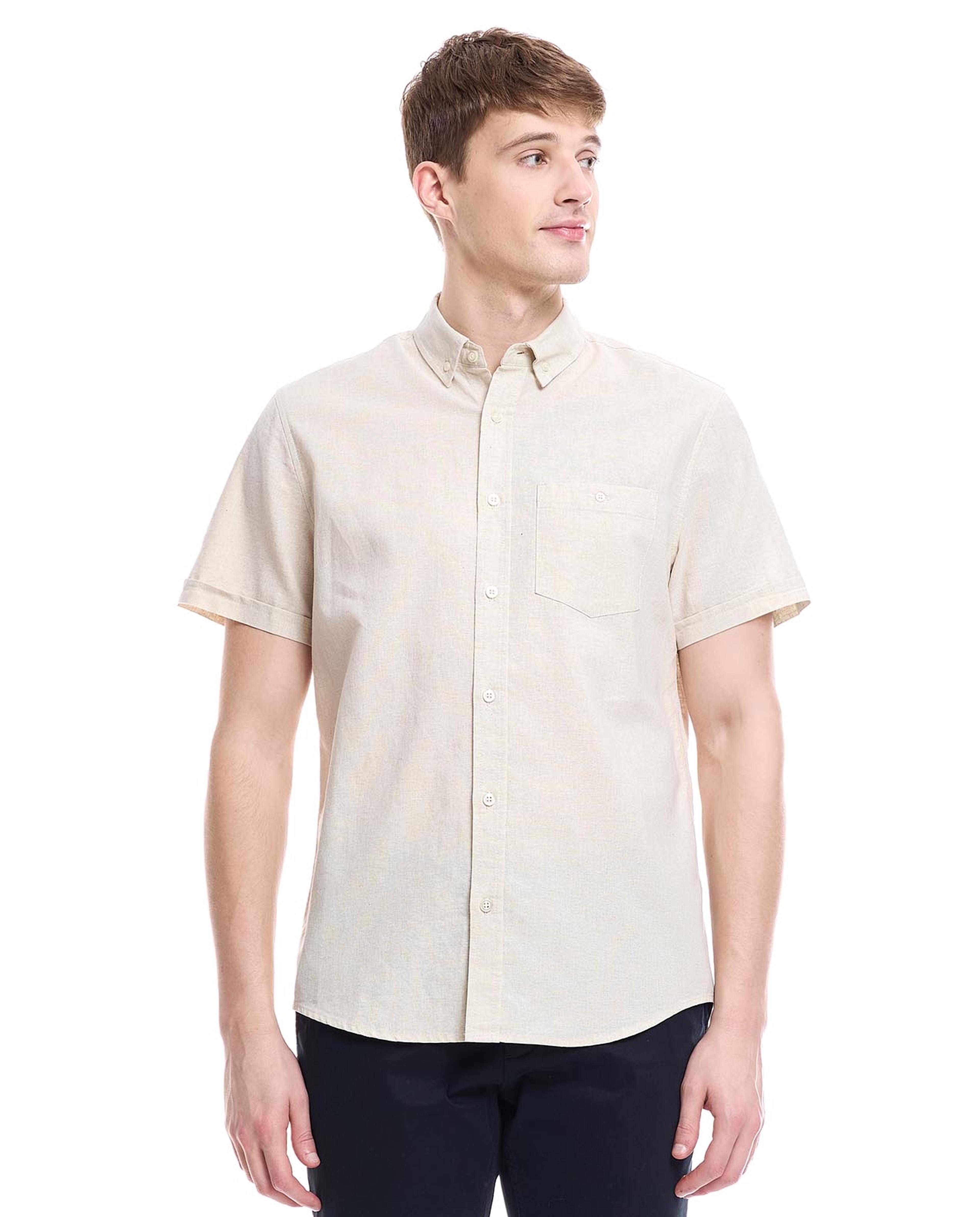 Solid Shirt with Button-Down Collar and Short Sleeves
