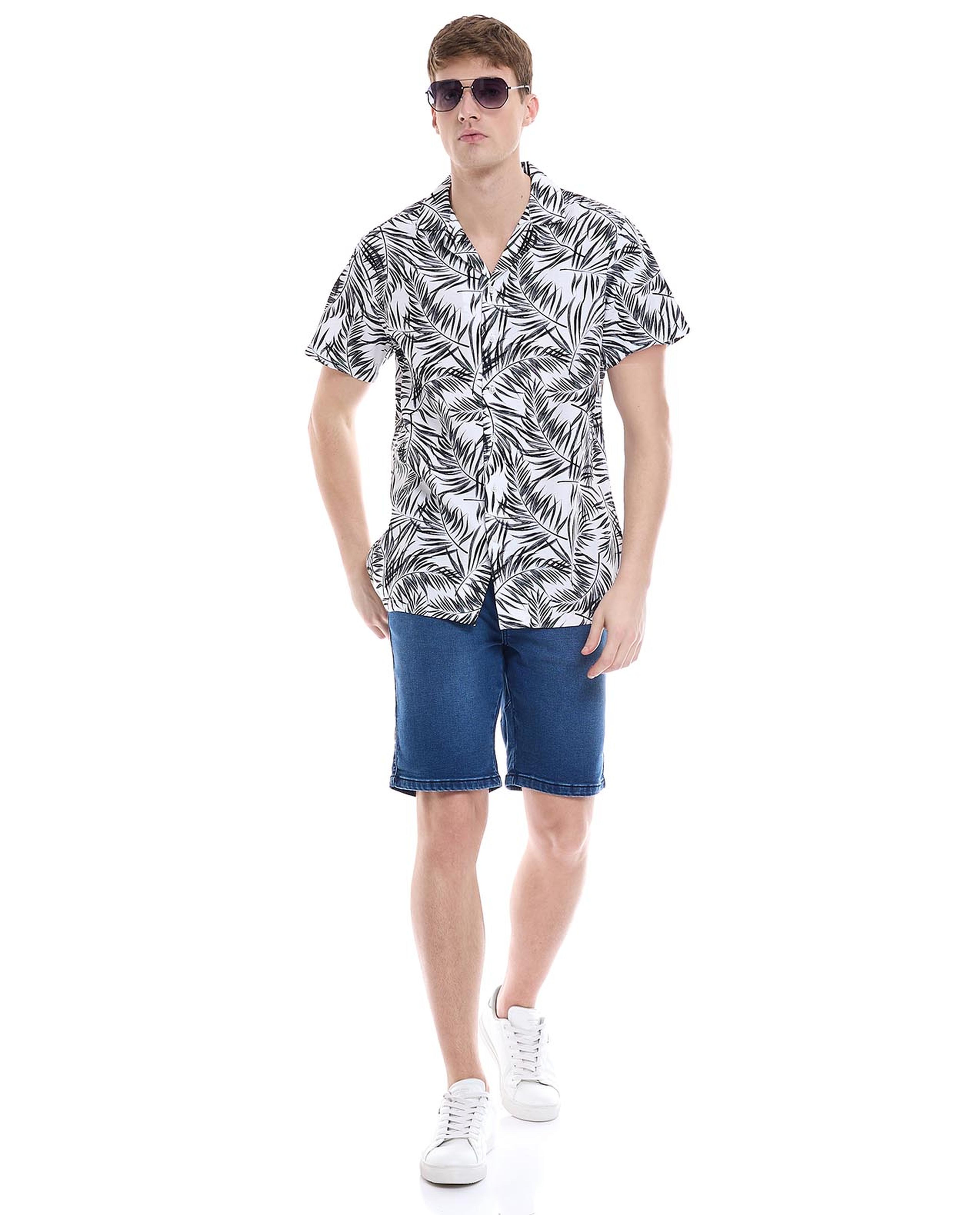 Printed Shirt with Spread Collar and Short Sleeves
