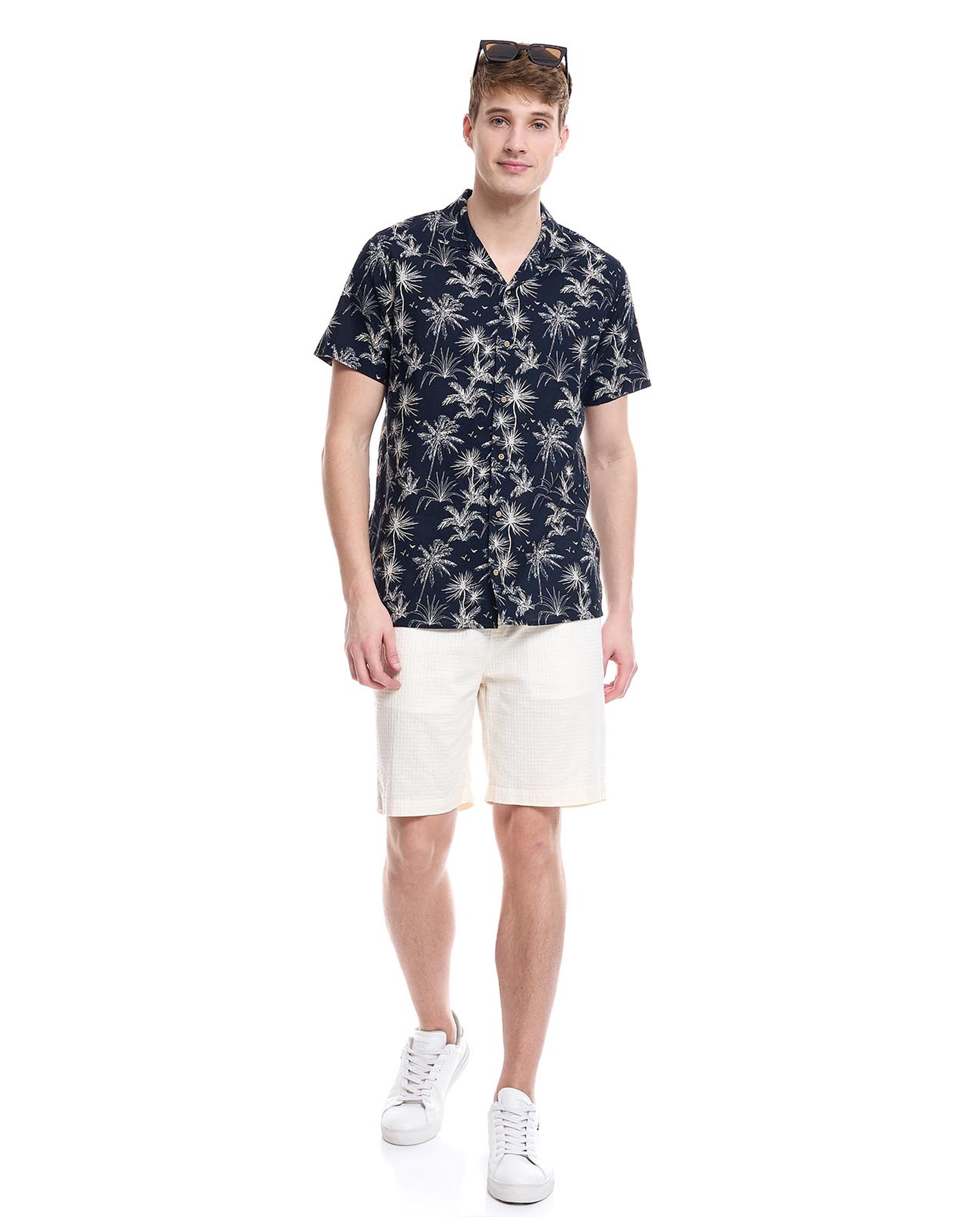 Striped Shirt with Revere Collar and Short Sleeves