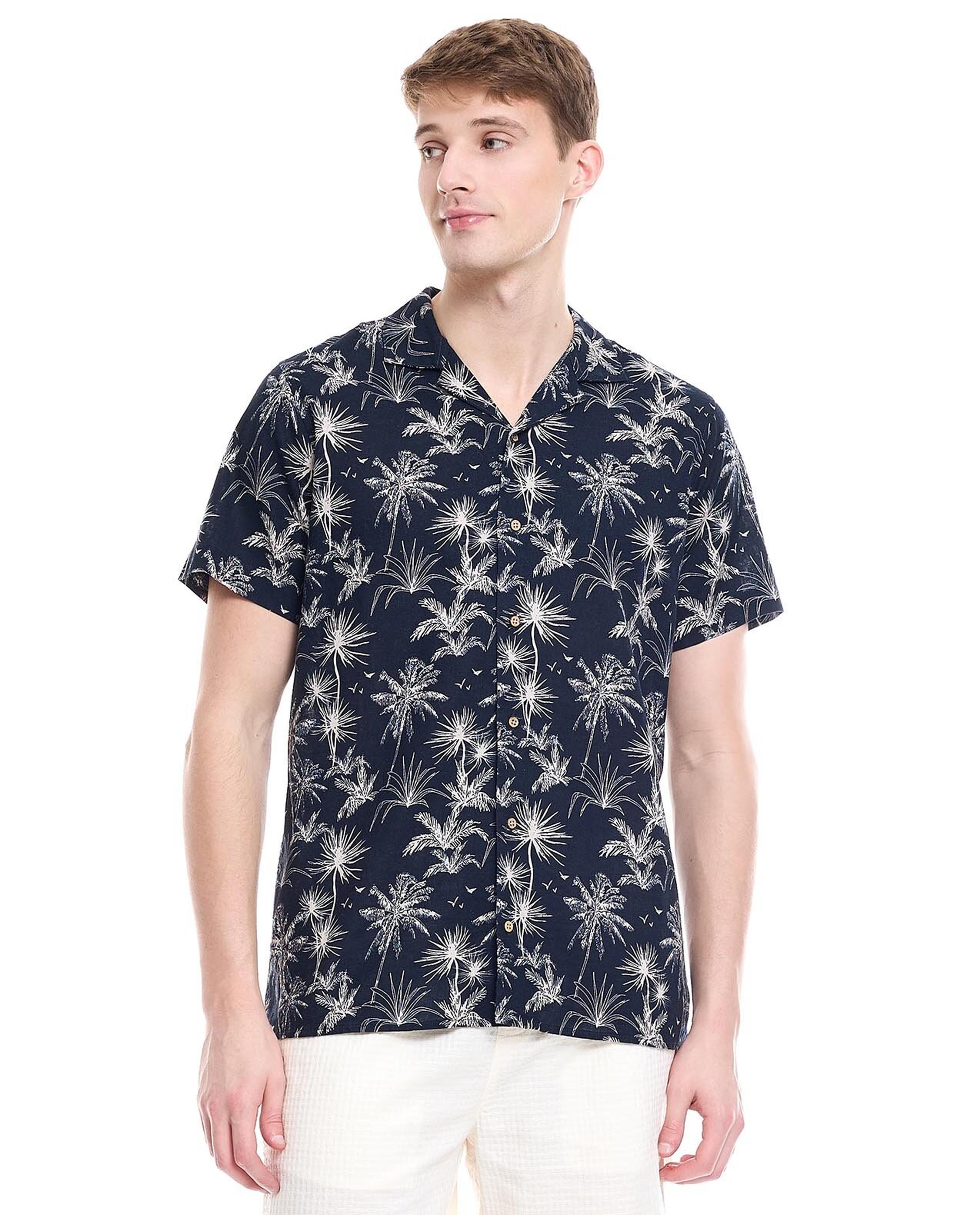 Striped Shirt with Revere Collar and Short Sleeves
