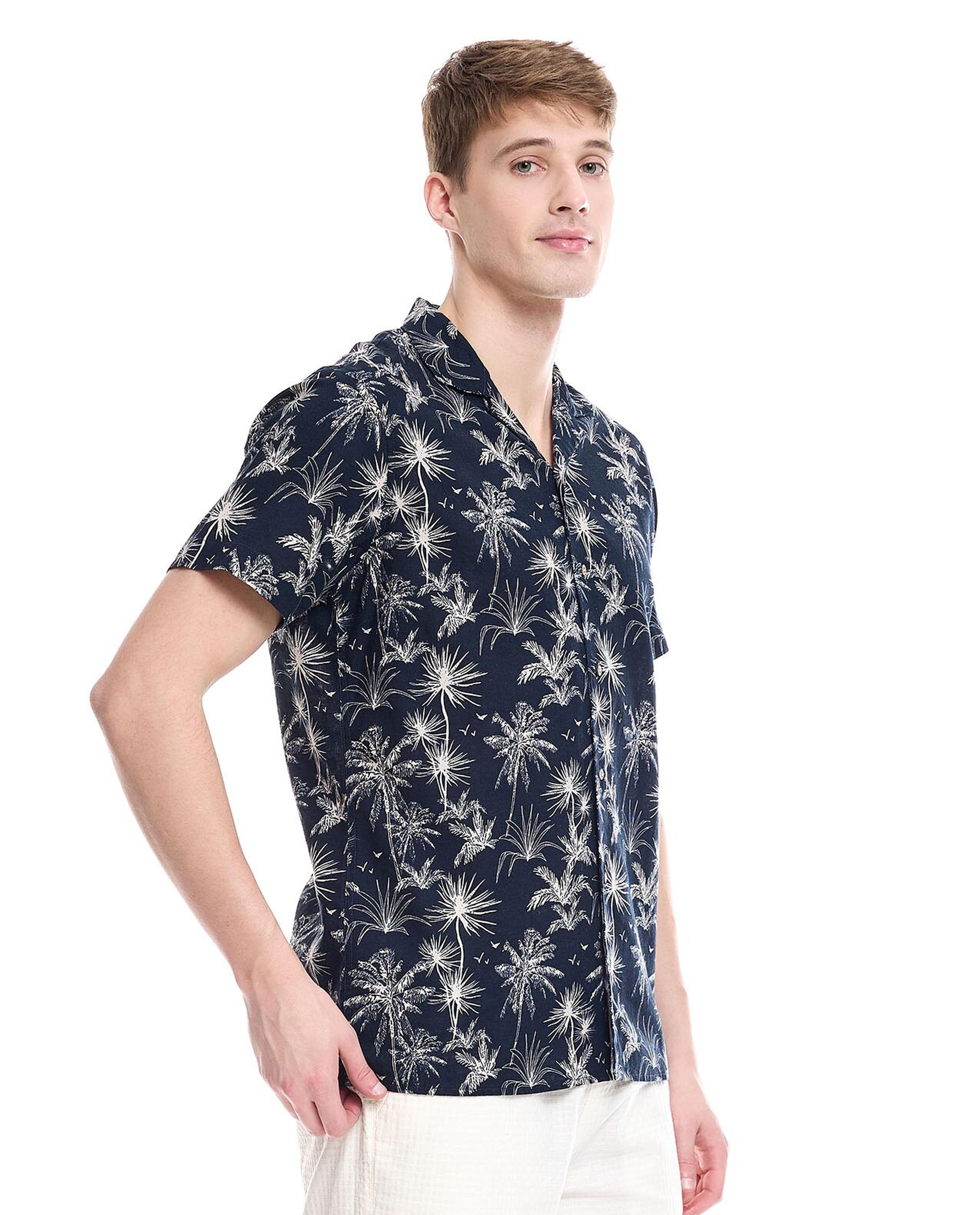 Striped Shirt with Revere Collar and Short Sleeves
