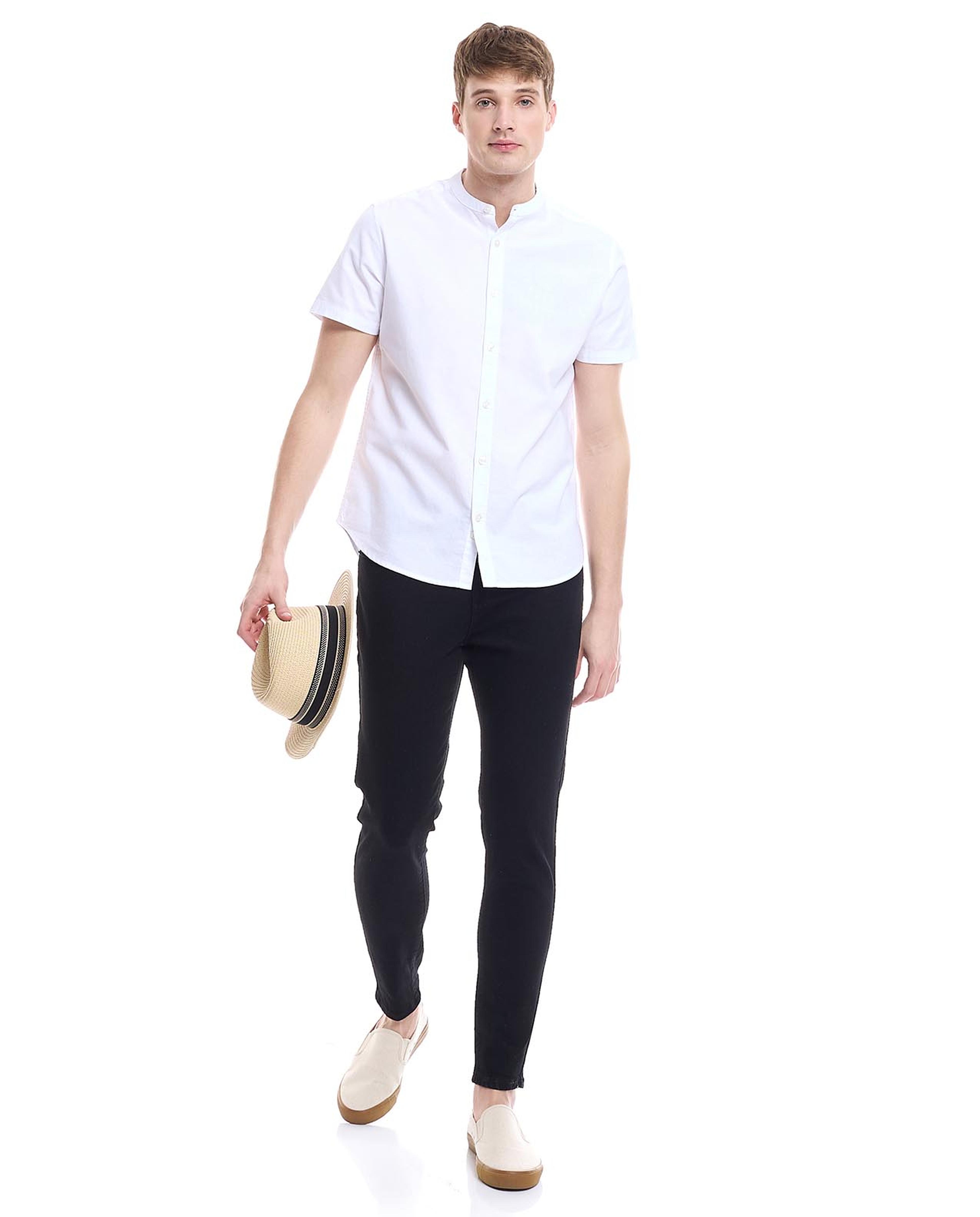 Solid Shirt with Mandarin Collar and Short Sleeves