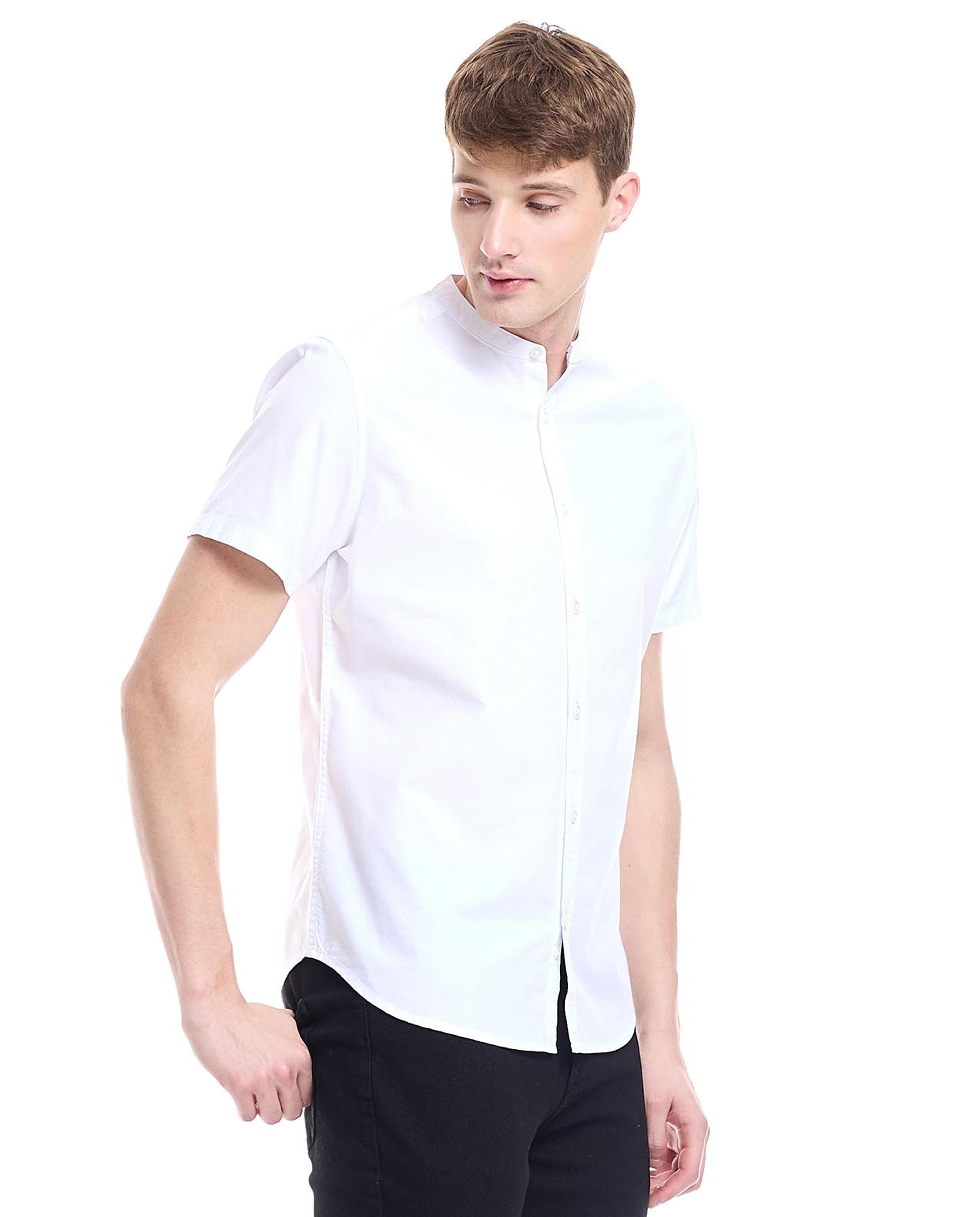 Solid Shirt with Mandarin Collar and Short Sleeves