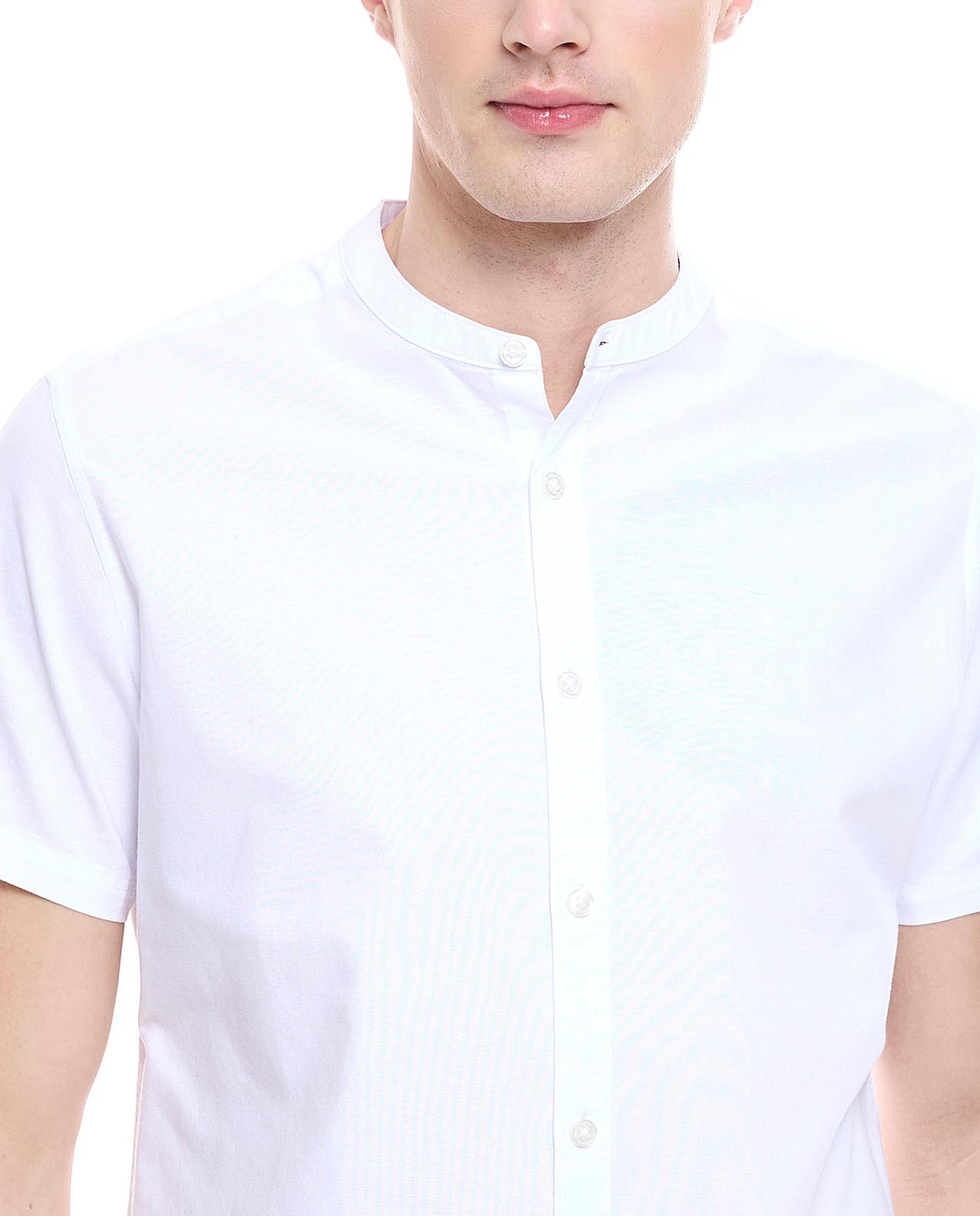 Solid Shirt with Mandarin Collar and Short Sleeves