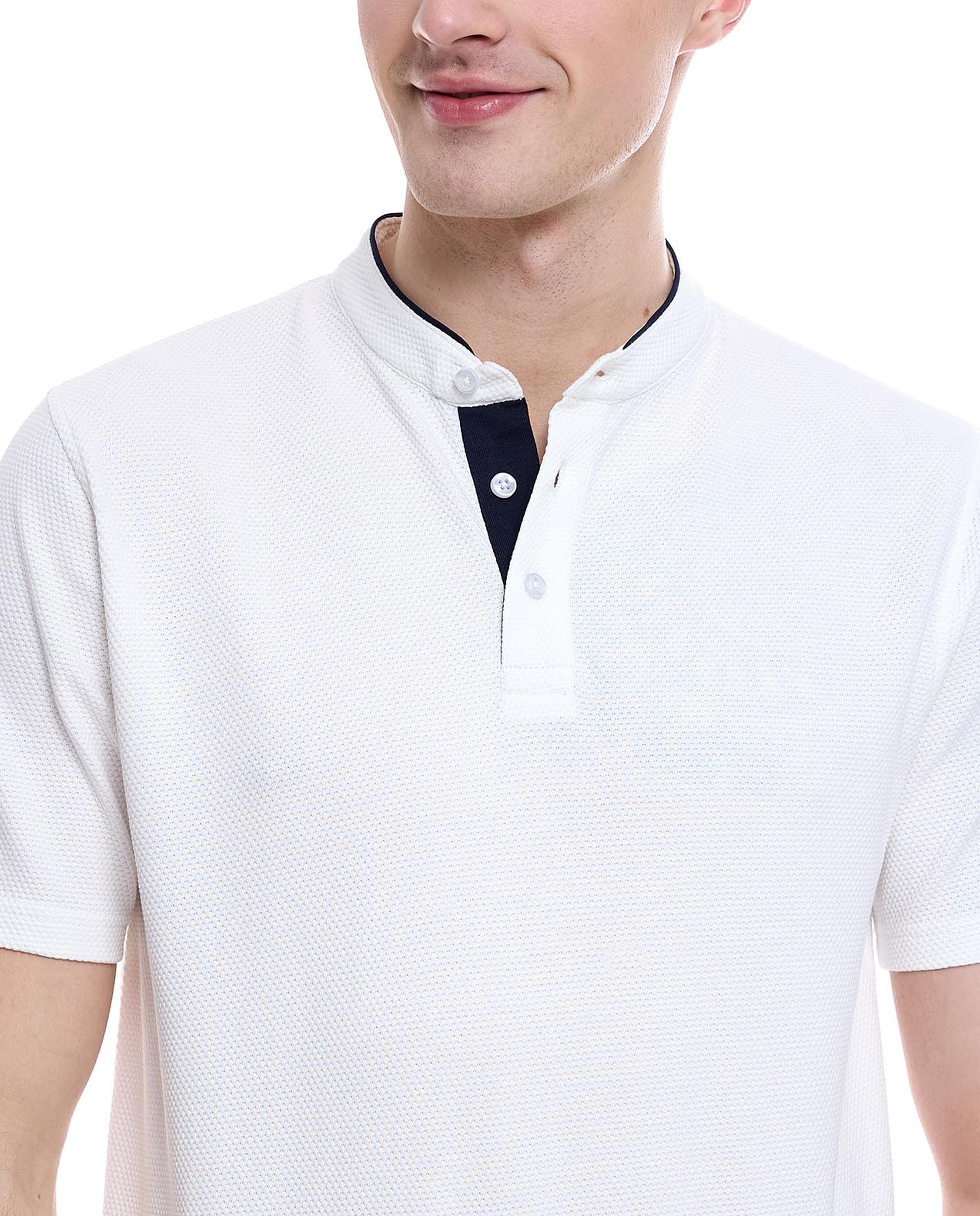 Solid T-Shirt with Stand Collar and Short Sleeves