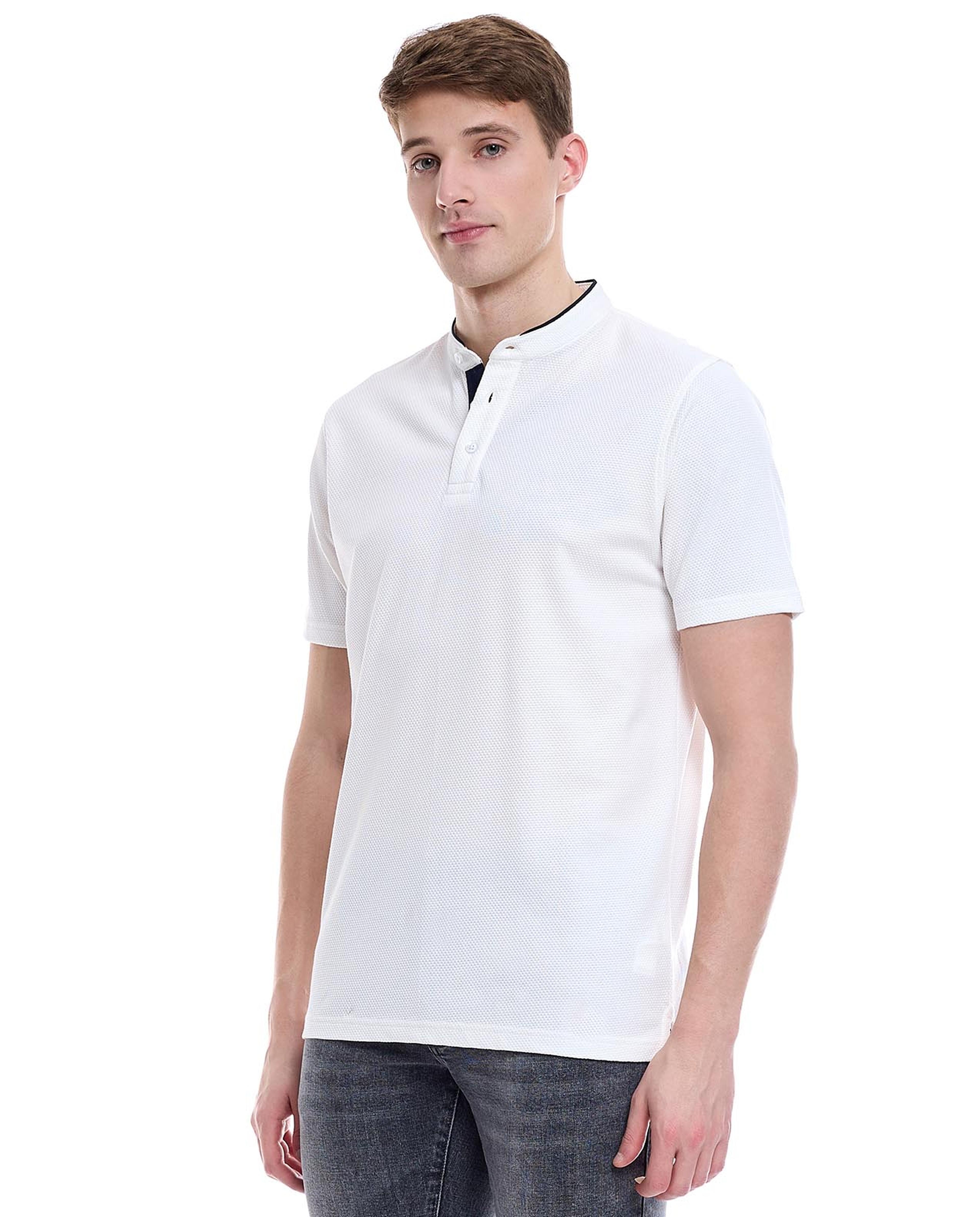 Solid T-Shirt with Stand Collar and Short Sleeves