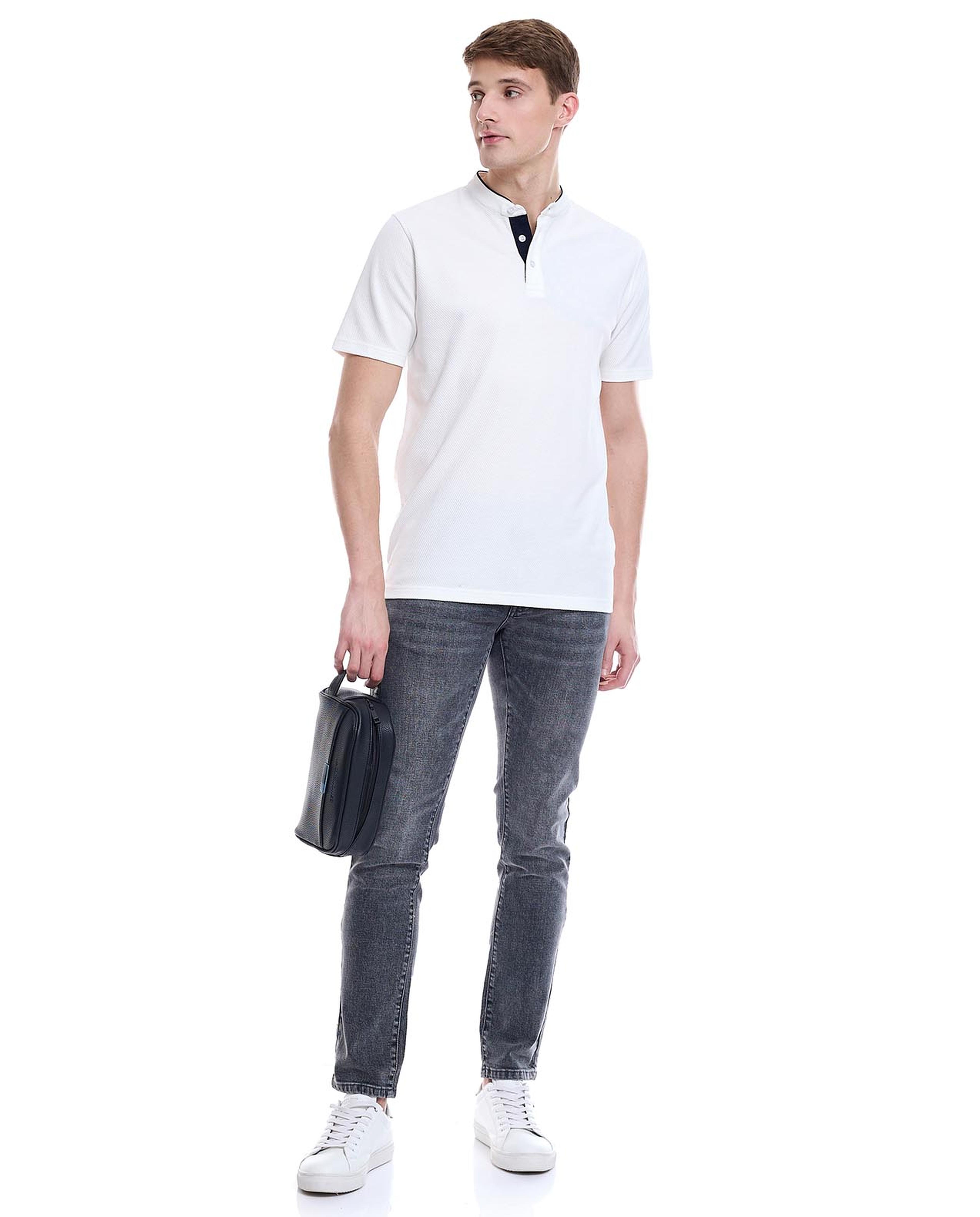 Solid T-Shirt with Stand Collar and Short Sleeves