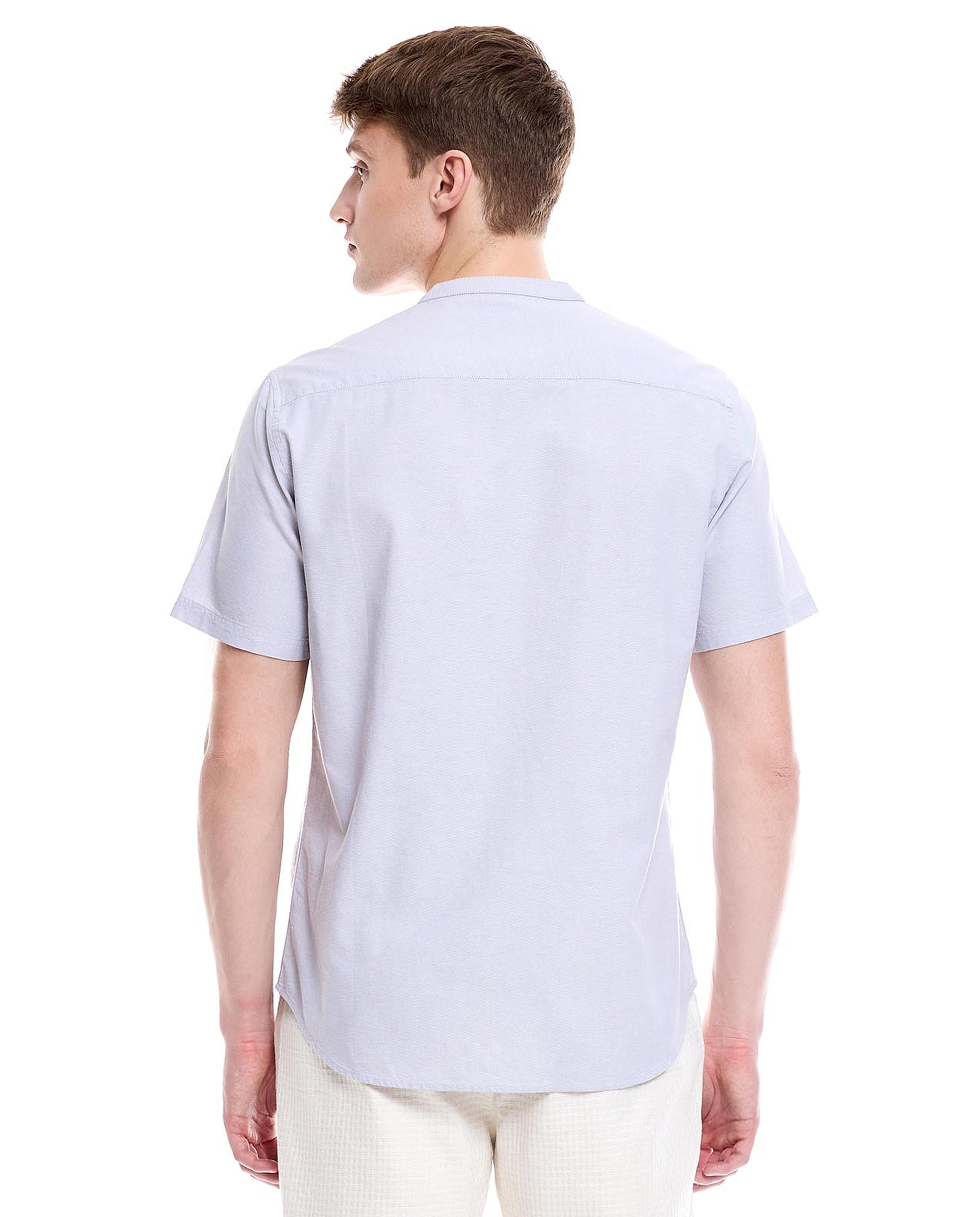 Solid Shirt with Mandarin Collar and Short Sleeves