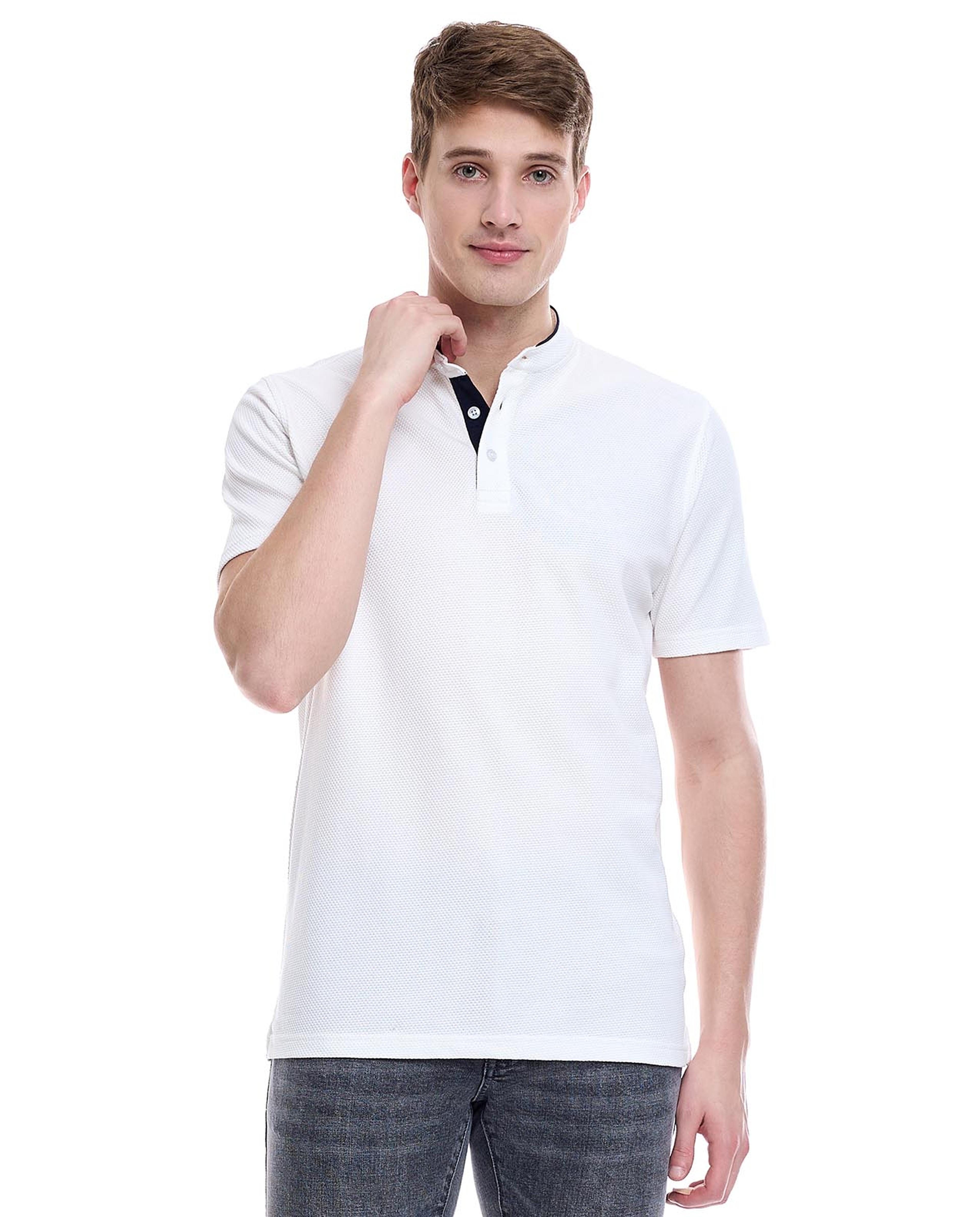 Solid T-Shirt with Stand Collar and Short Sleeves