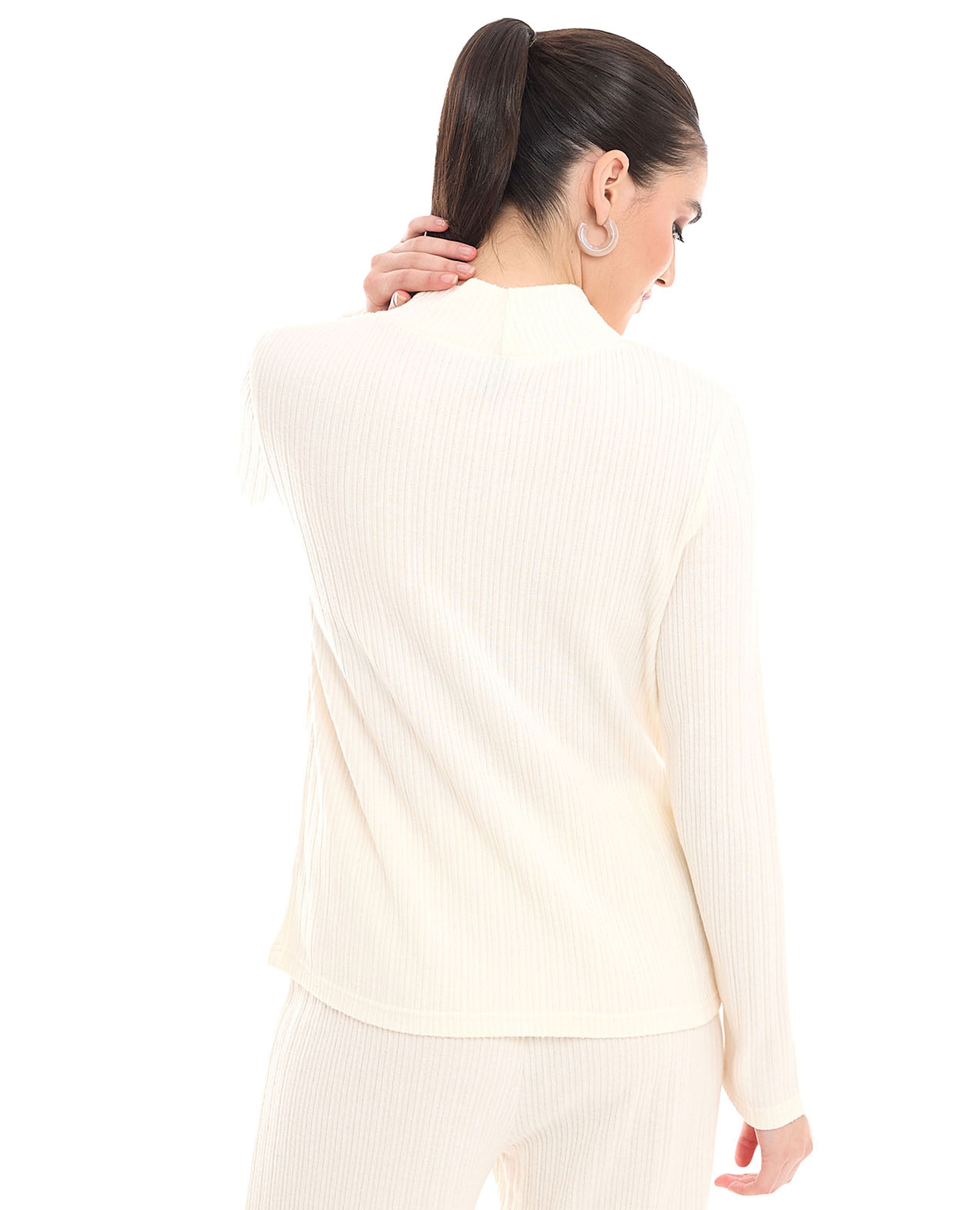 Ribbed Sweater with Mock Neck and Long Sleeves