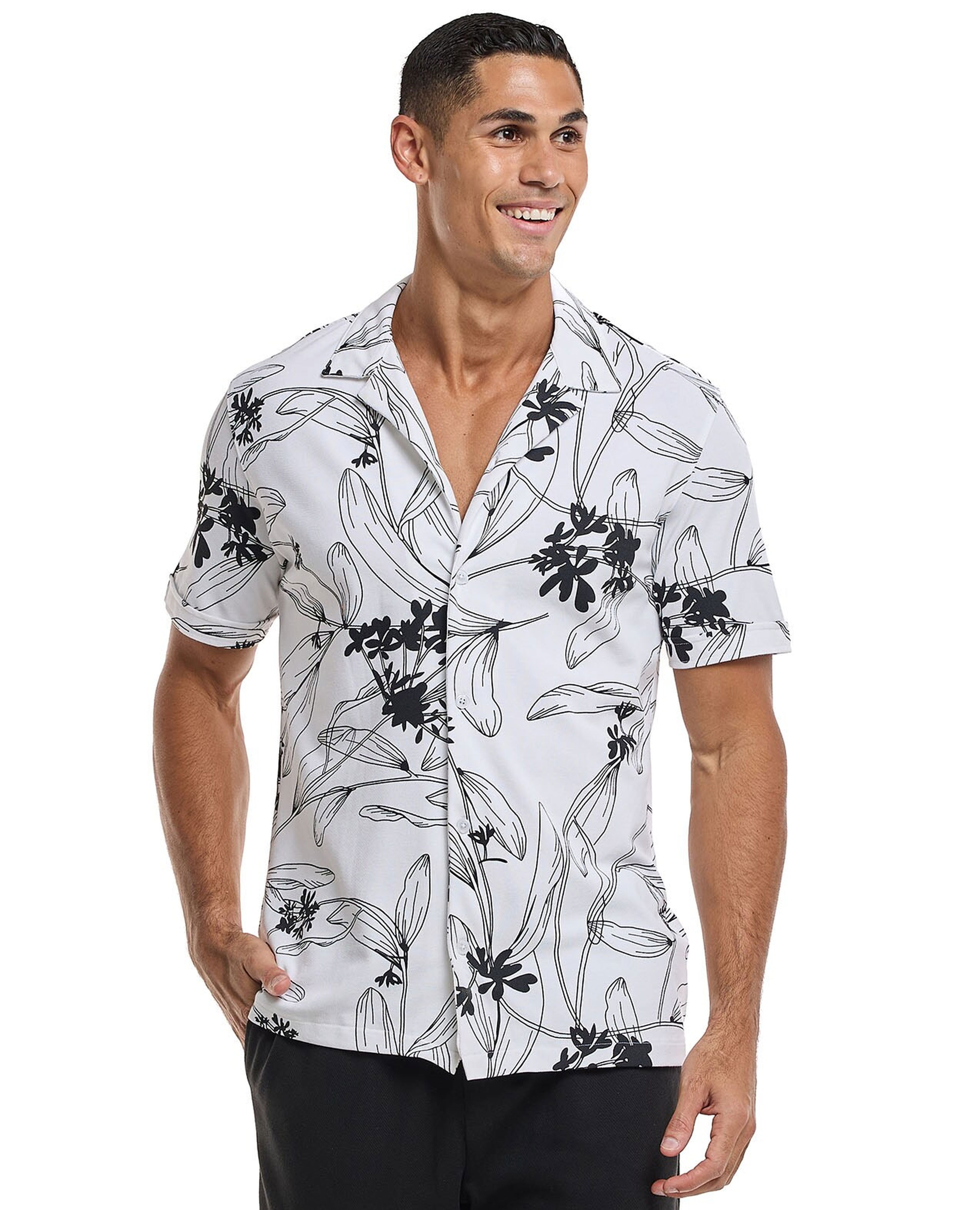 Printed Shirt with Revere Collar and Short Sleeves