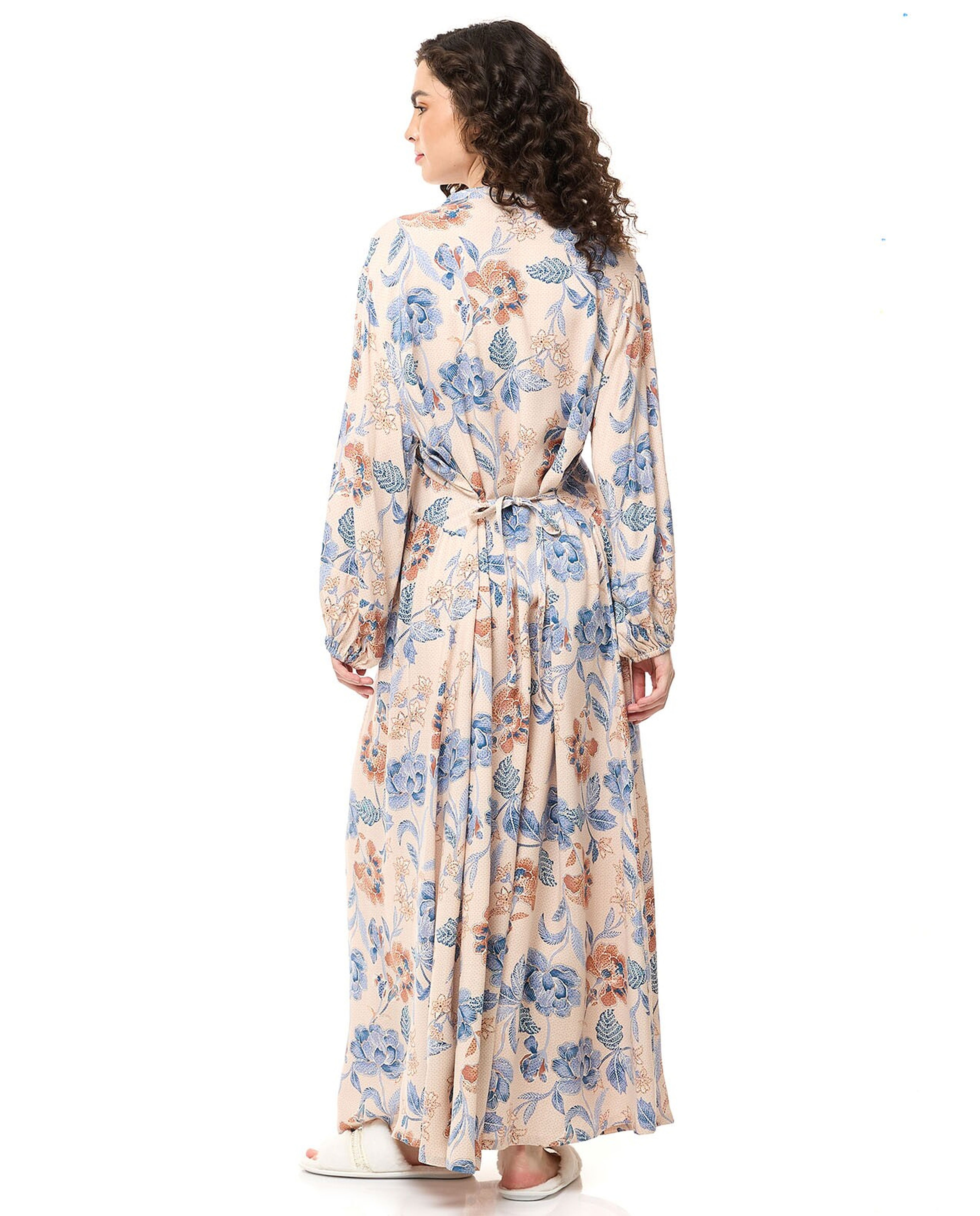 Floral Print Maxi Dress with Round Neck and Balloon Sleeves