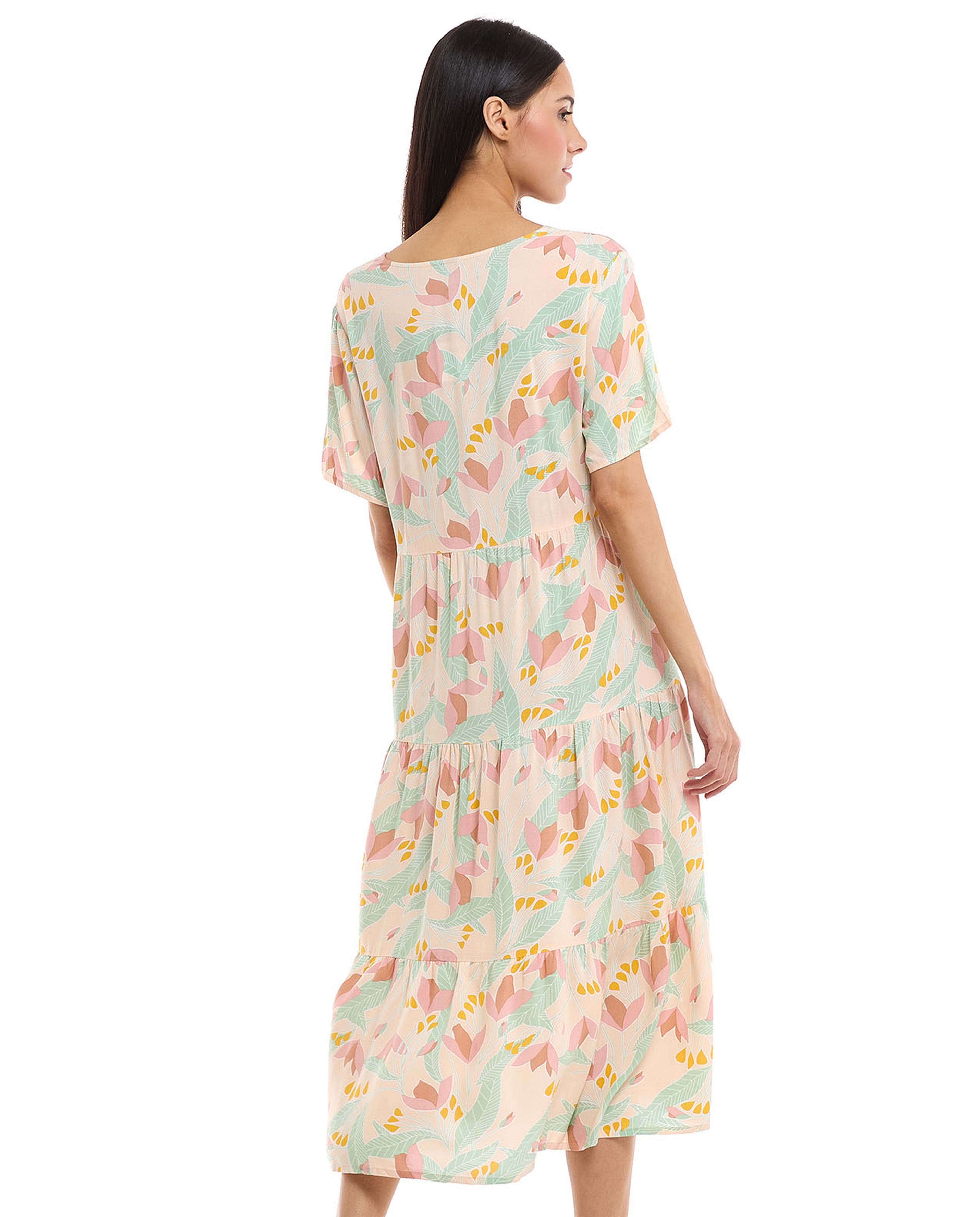 Printed Nightdress with V-Neck and Short Sleeves