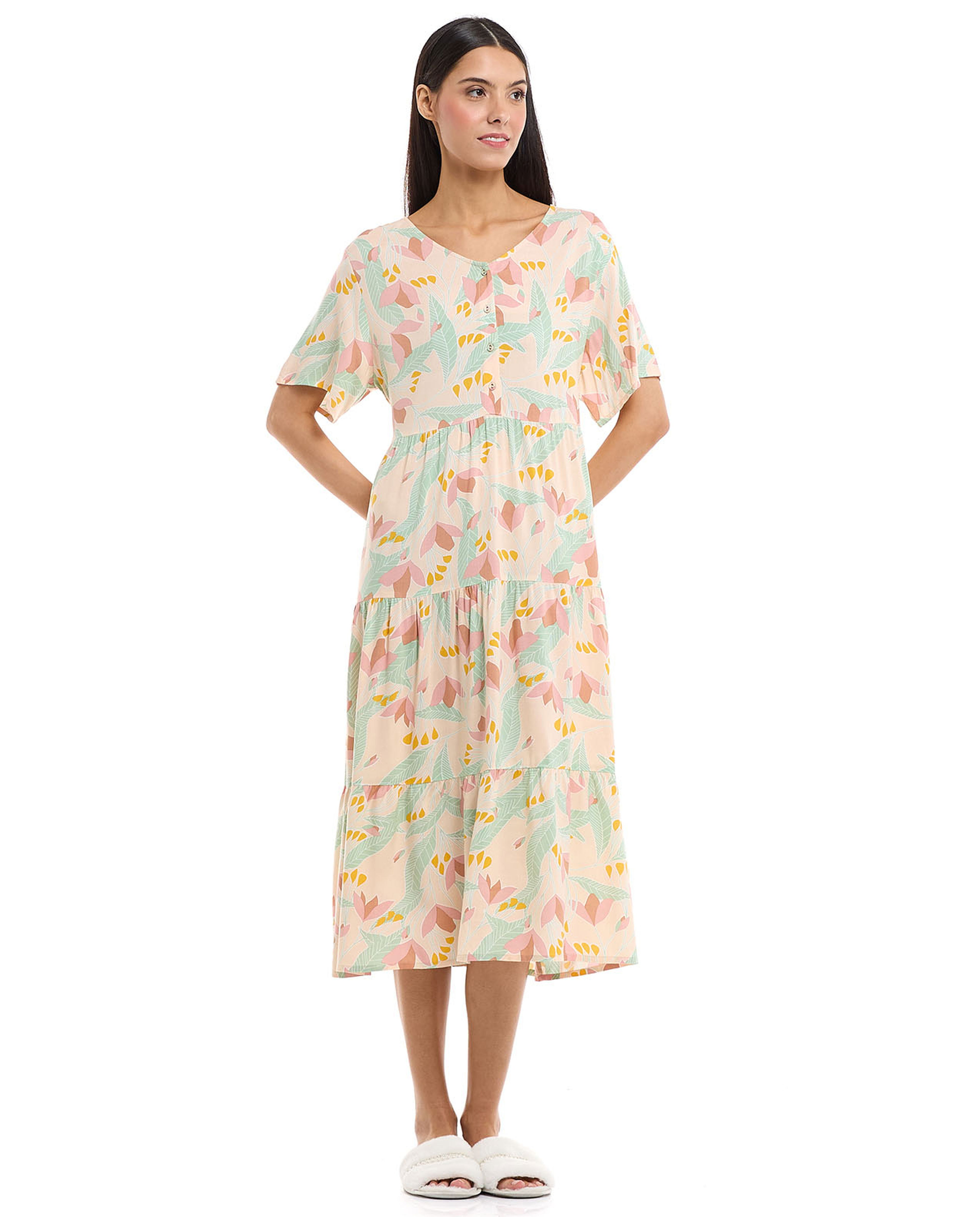 Printed Nightdress with V-Neck and Short Sleeves