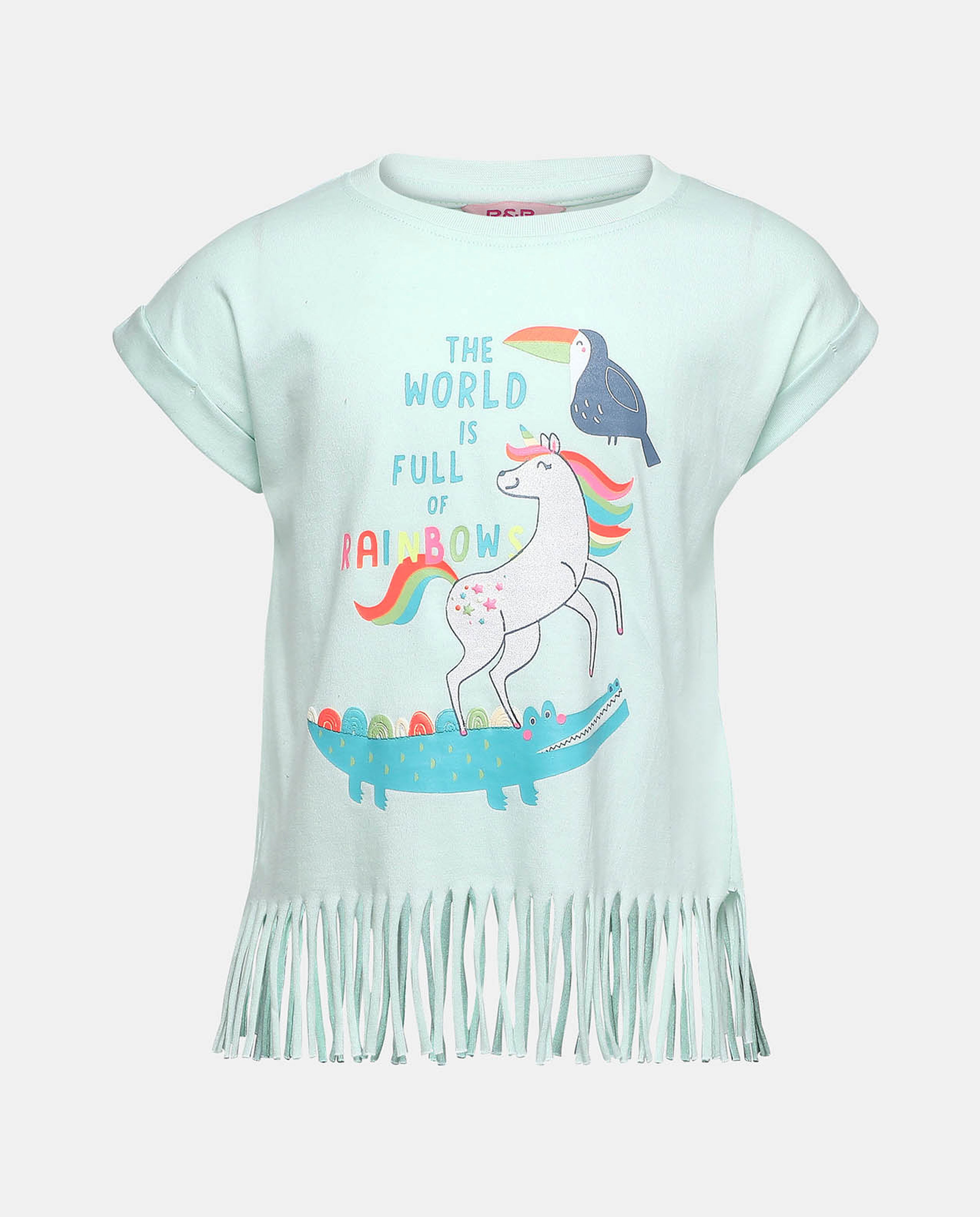 Printed Fringed Top with Crew Neck and Short Sleeves