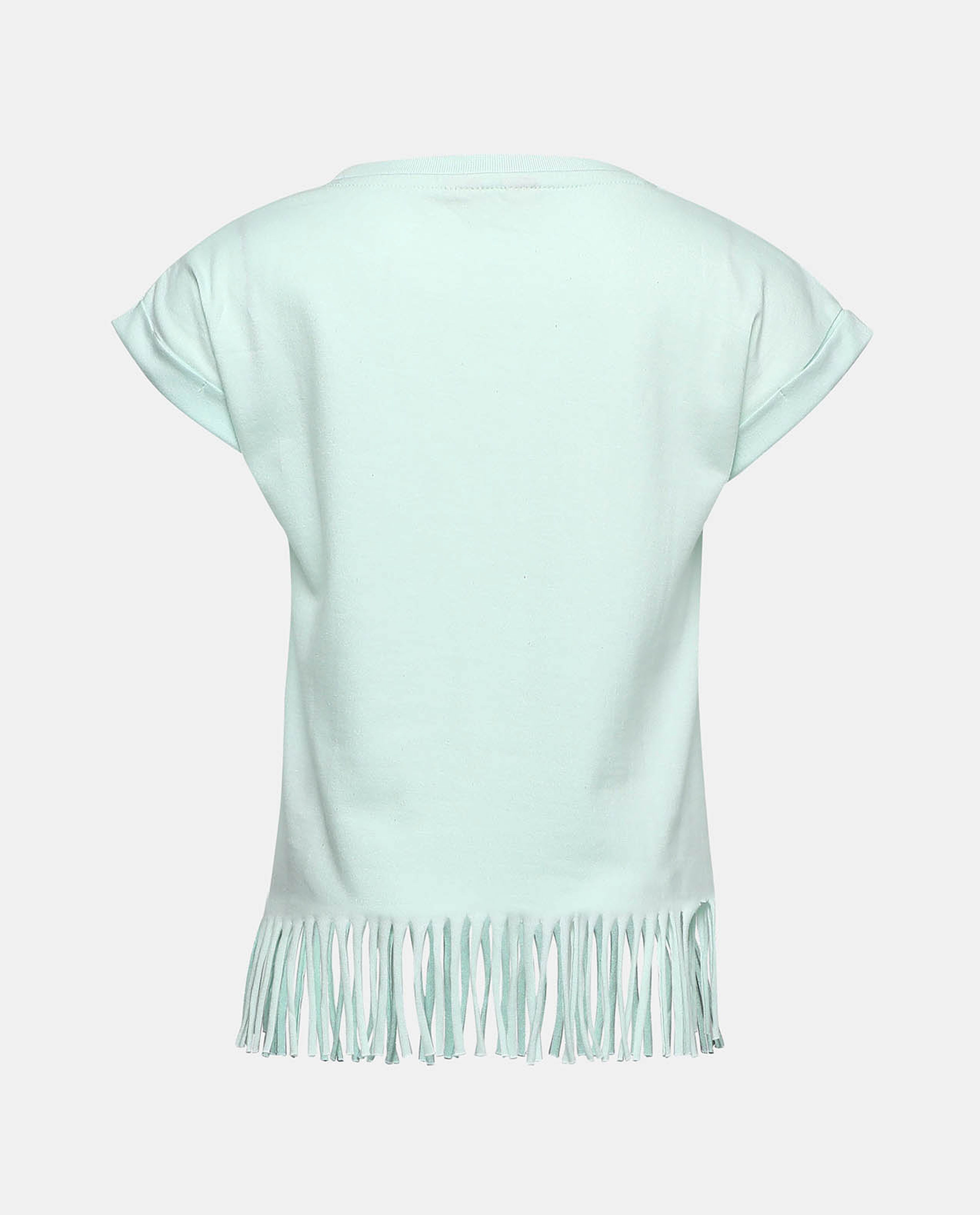 Printed Fringed Top with Crew Neck and Short Sleeves