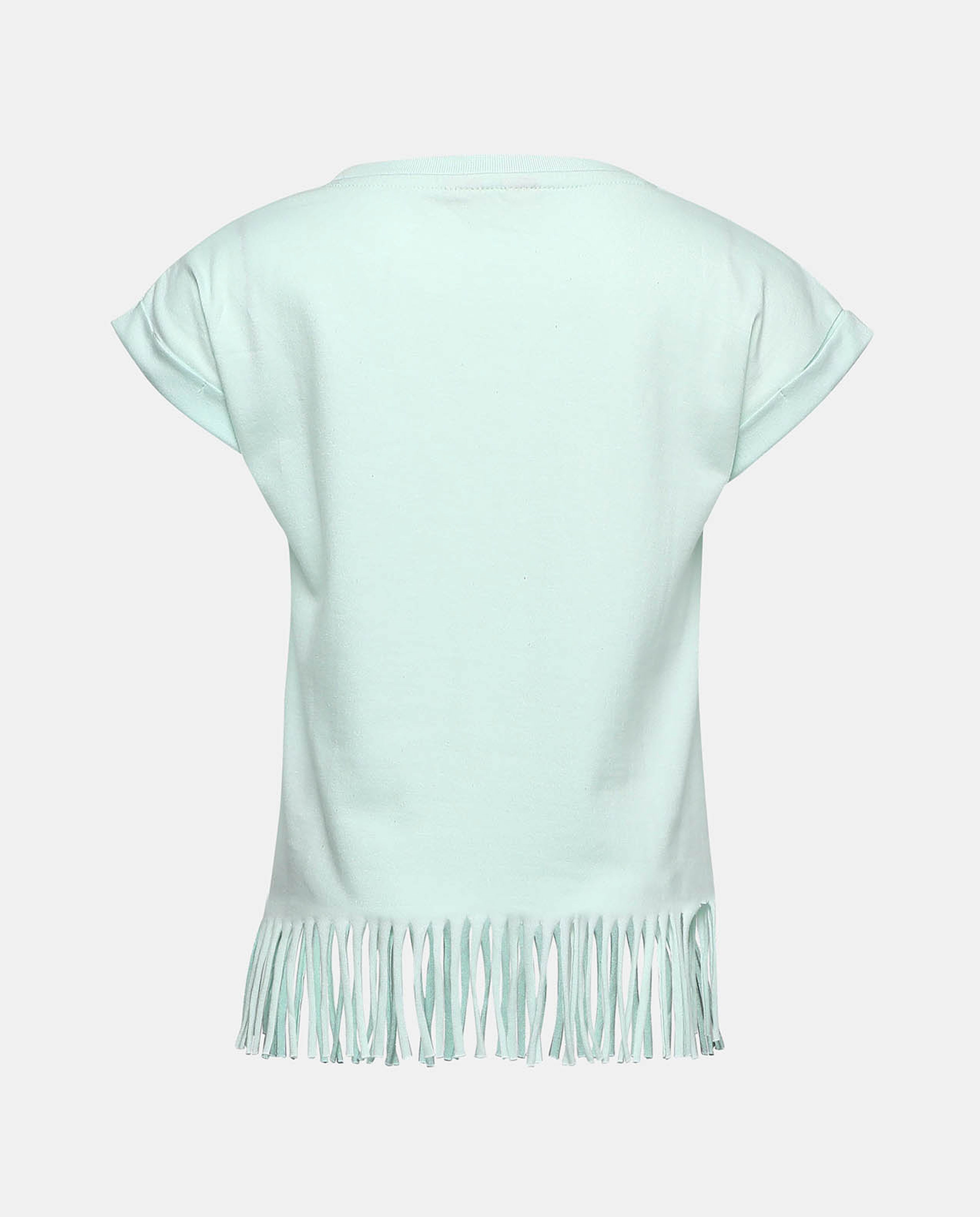 Printed Fringed Top with Crew Neck and Short Sleeves