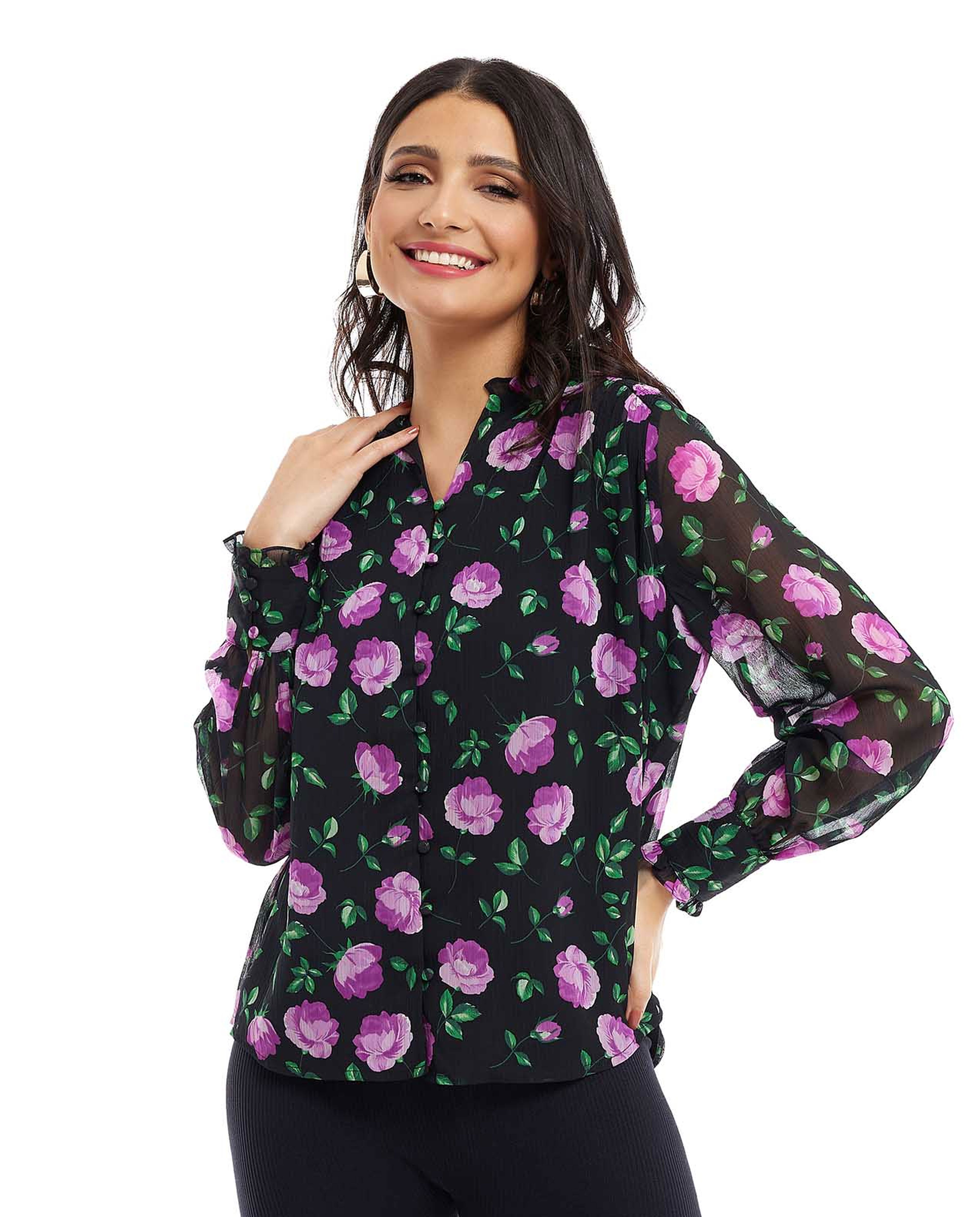 Floral Patterned Top with Split Neck and Long Sleeves