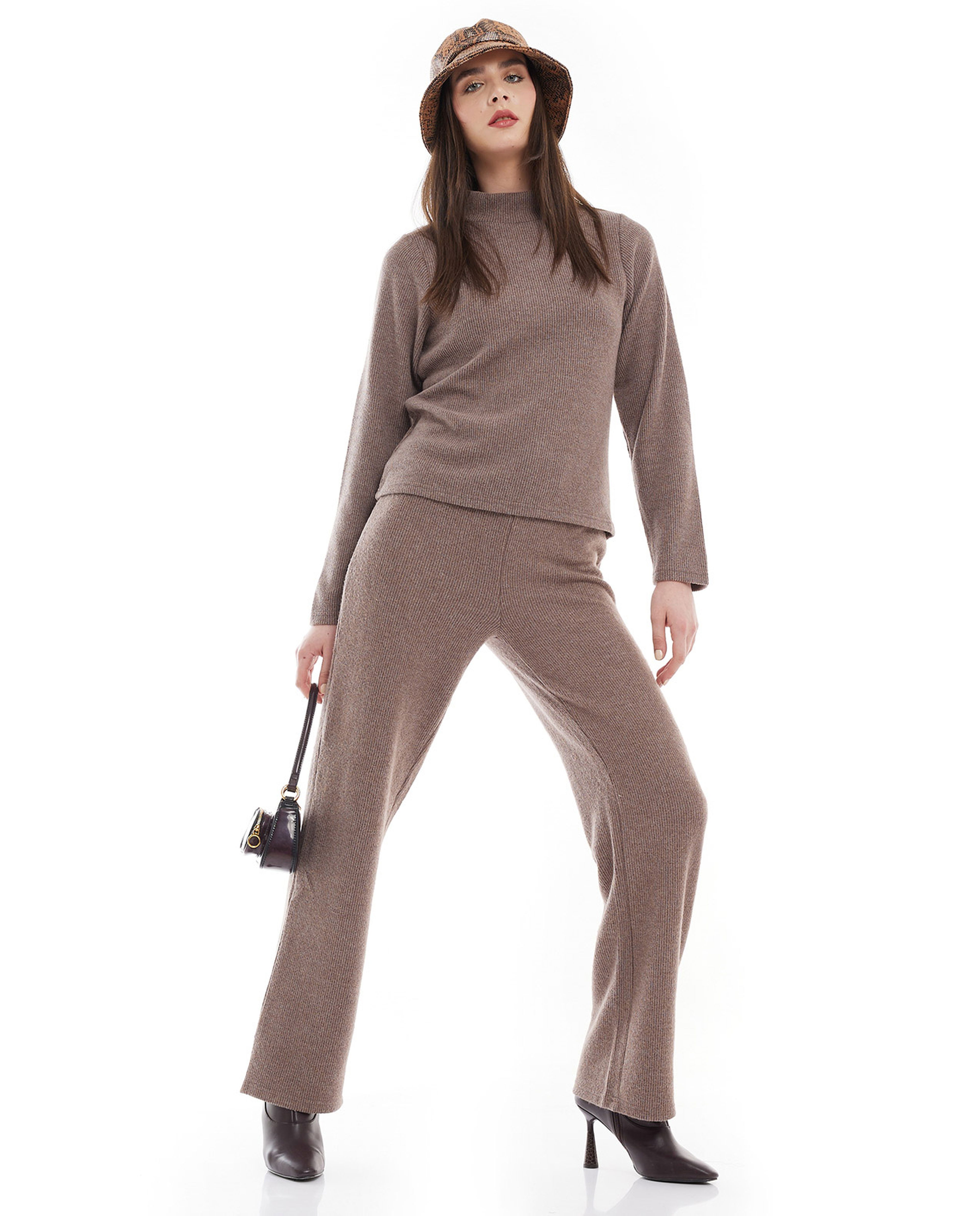 Ribbed Wide Leg Pants with Elastic Waist