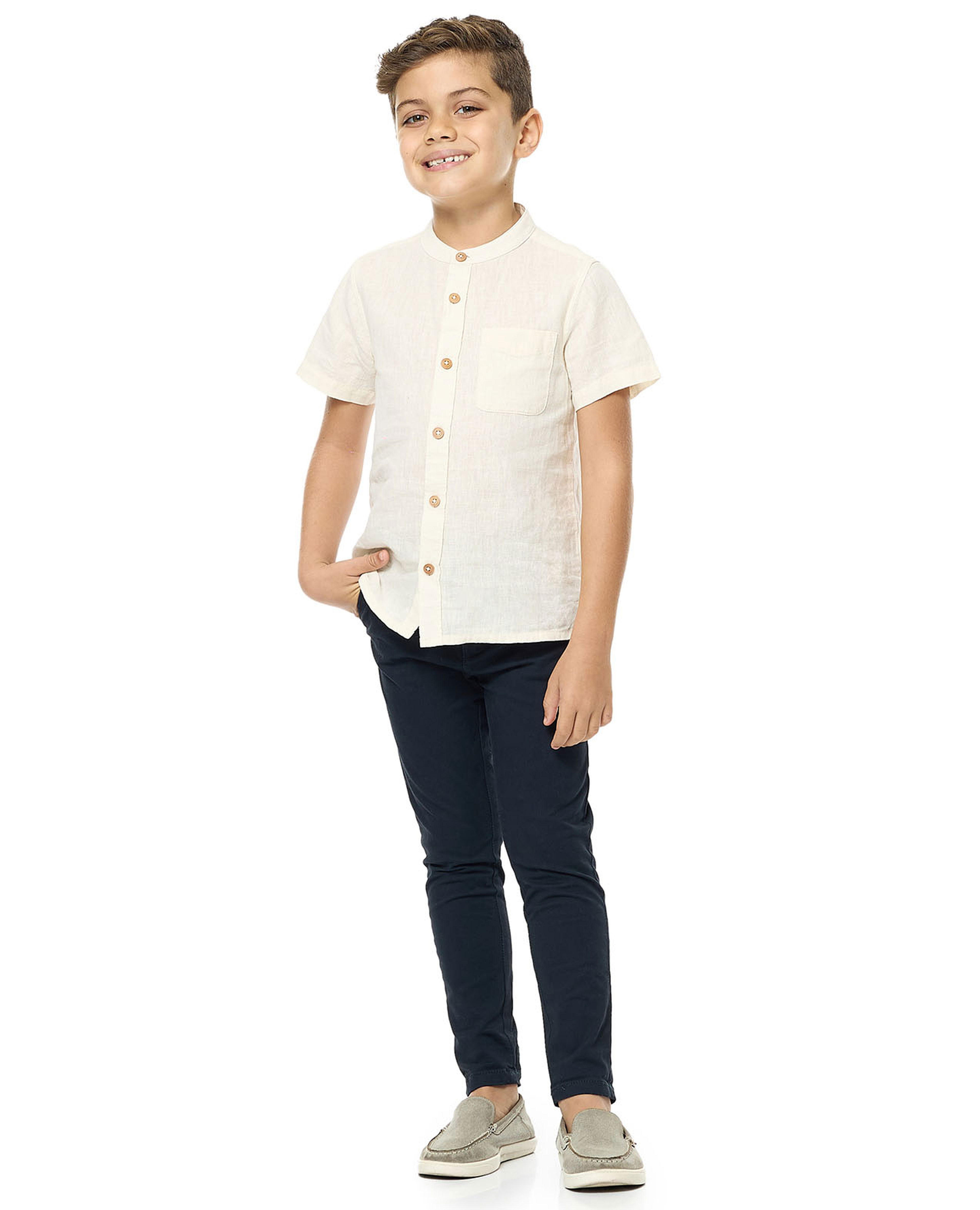 Pocket Detail Shirt with Mandarin Collar and Short Sleeves