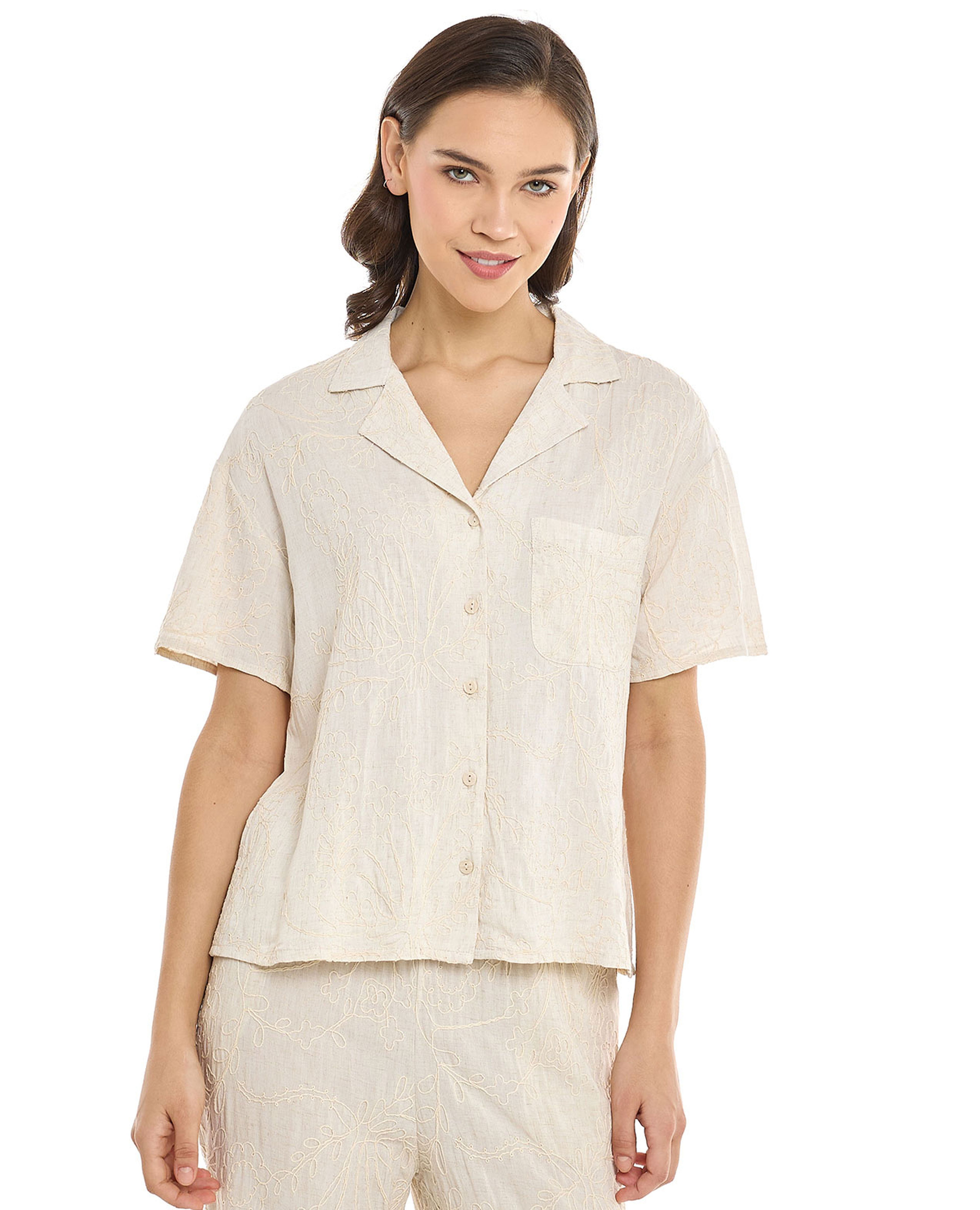 Embroidered Shirt with Revere Collar and Short Sleeves