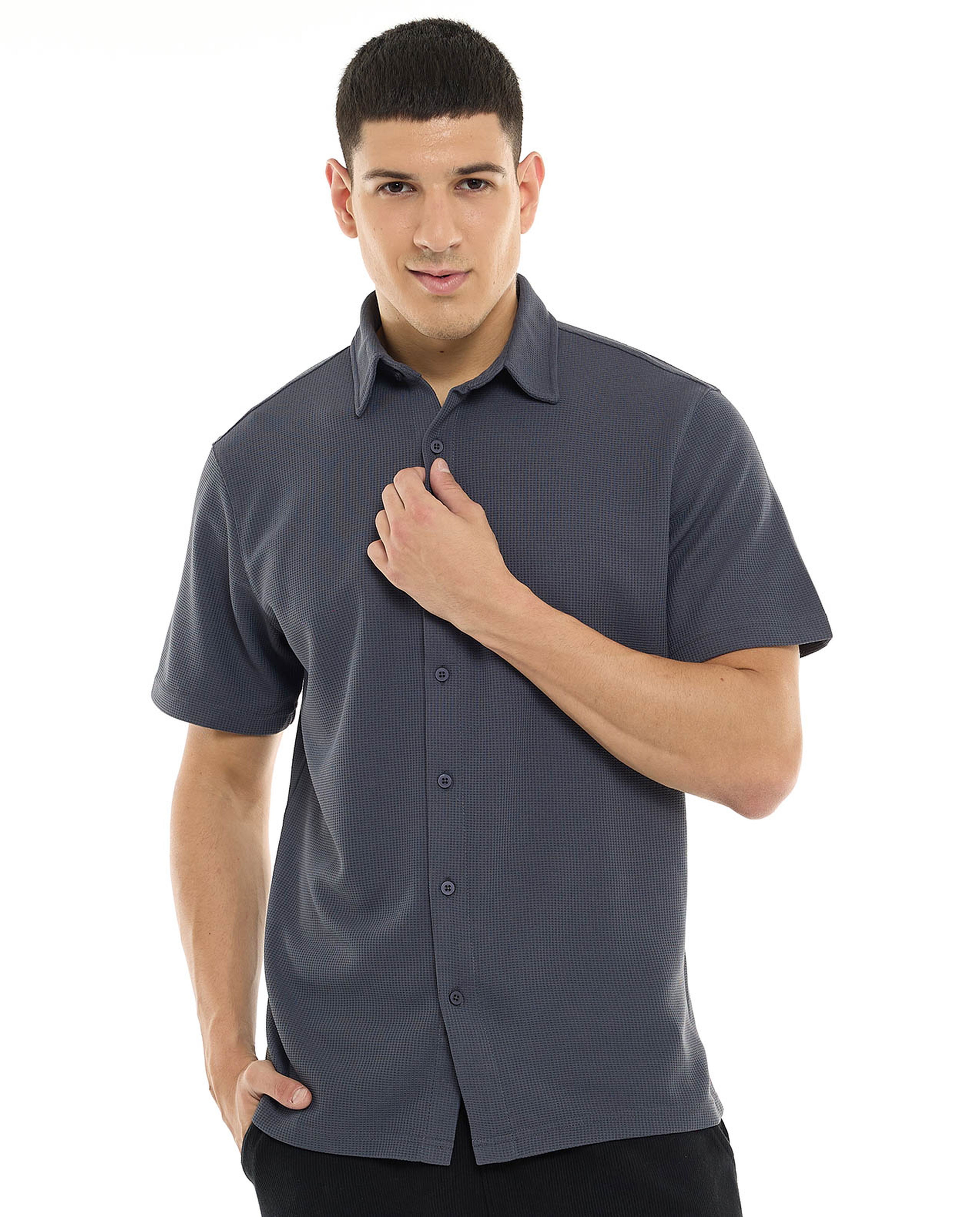 Textured Shirt with Classic Collar and Short Sleeves