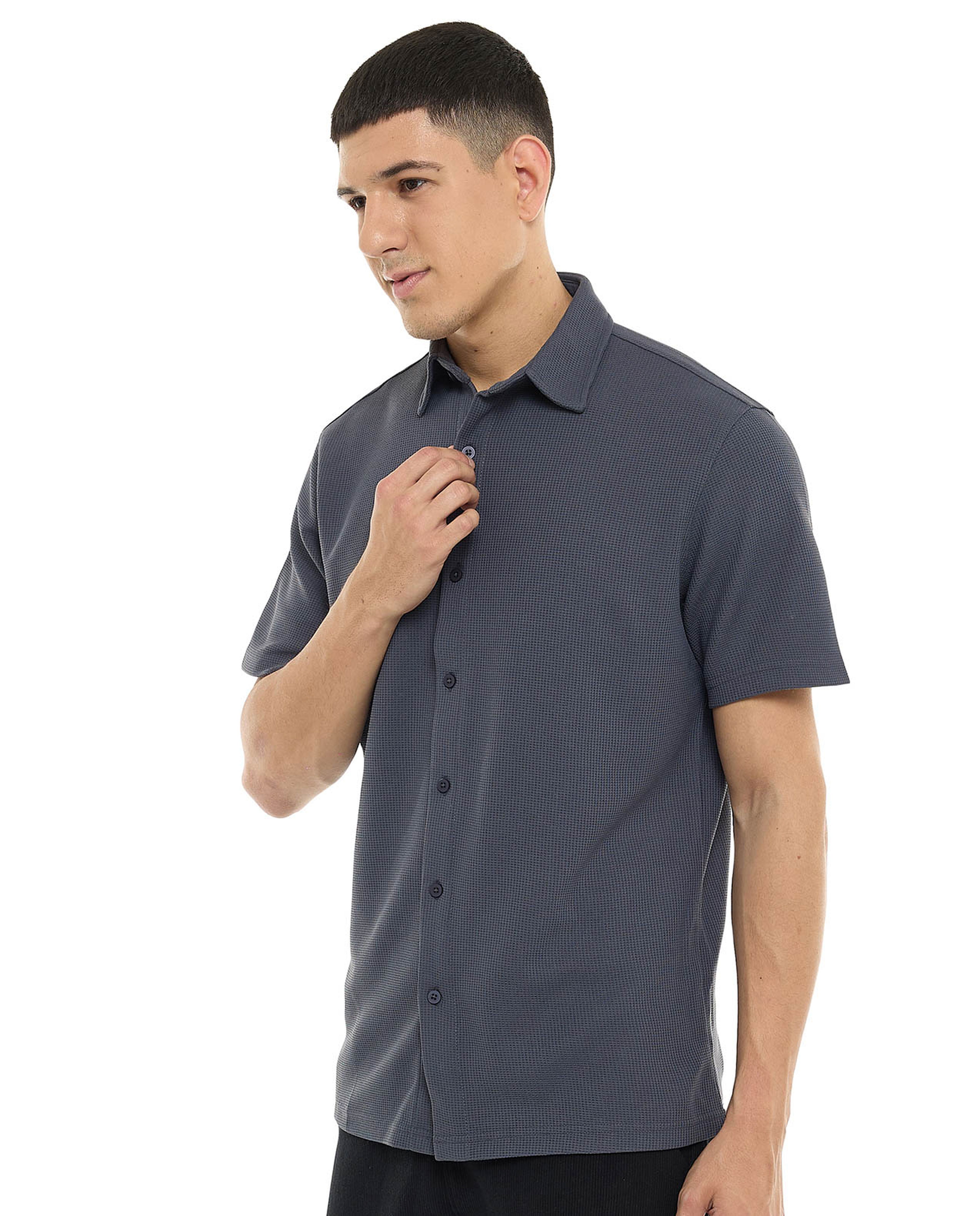 Textured Shirt with Classic Collar and Short Sleeves