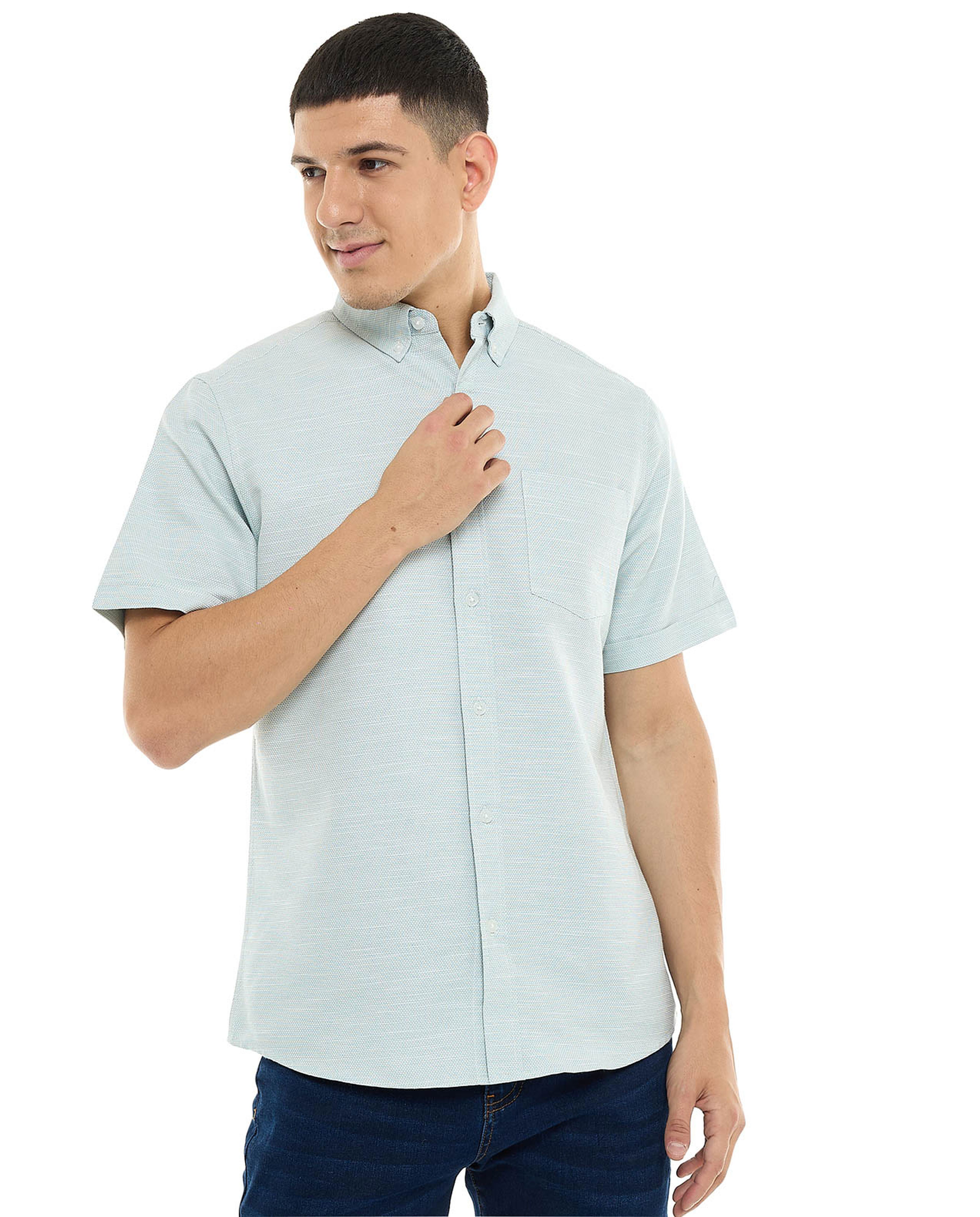 Textured Shirt with Button-Down Collar and Short Sleeves