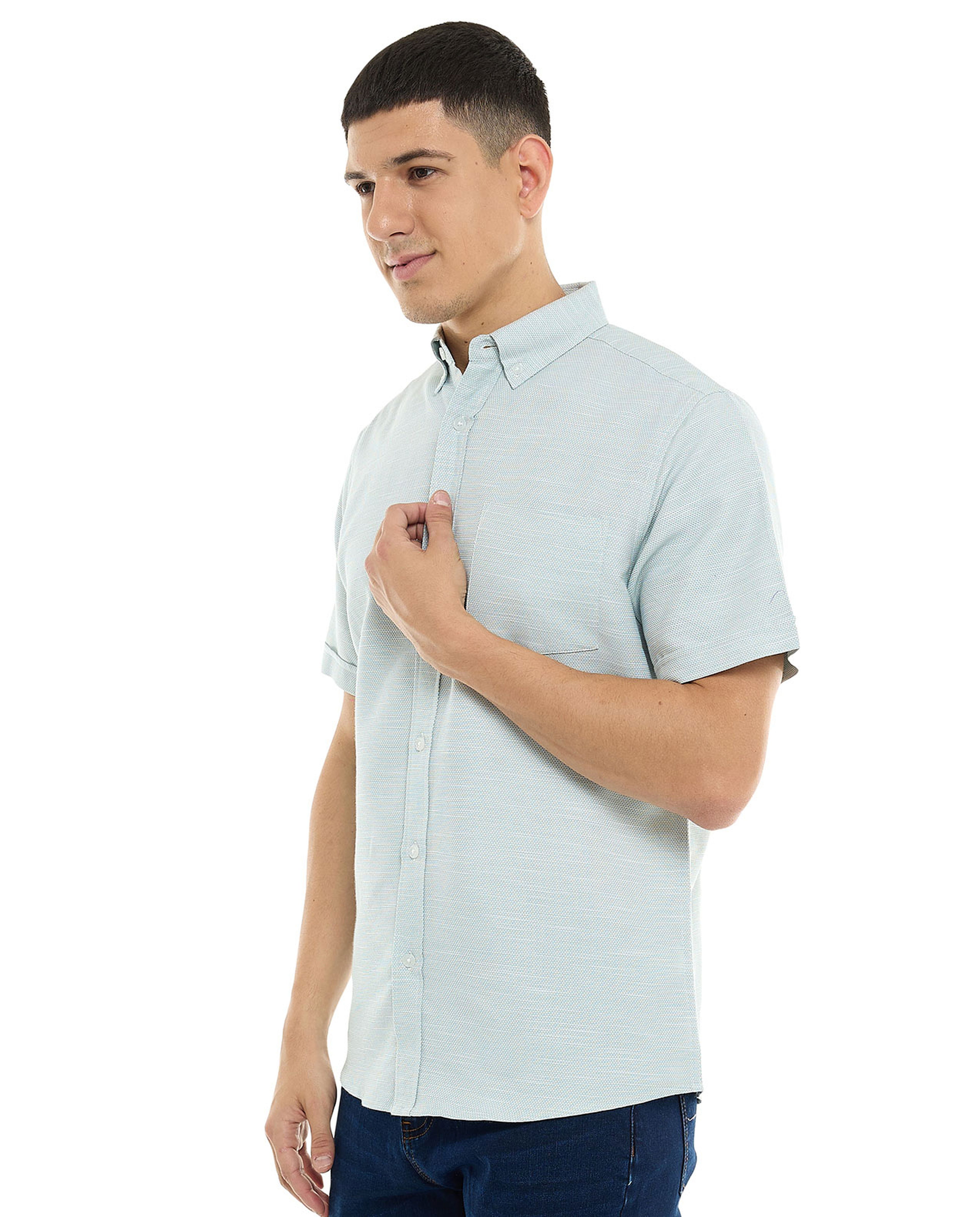 Textured Shirt with Button-Down Collar and Short Sleeves