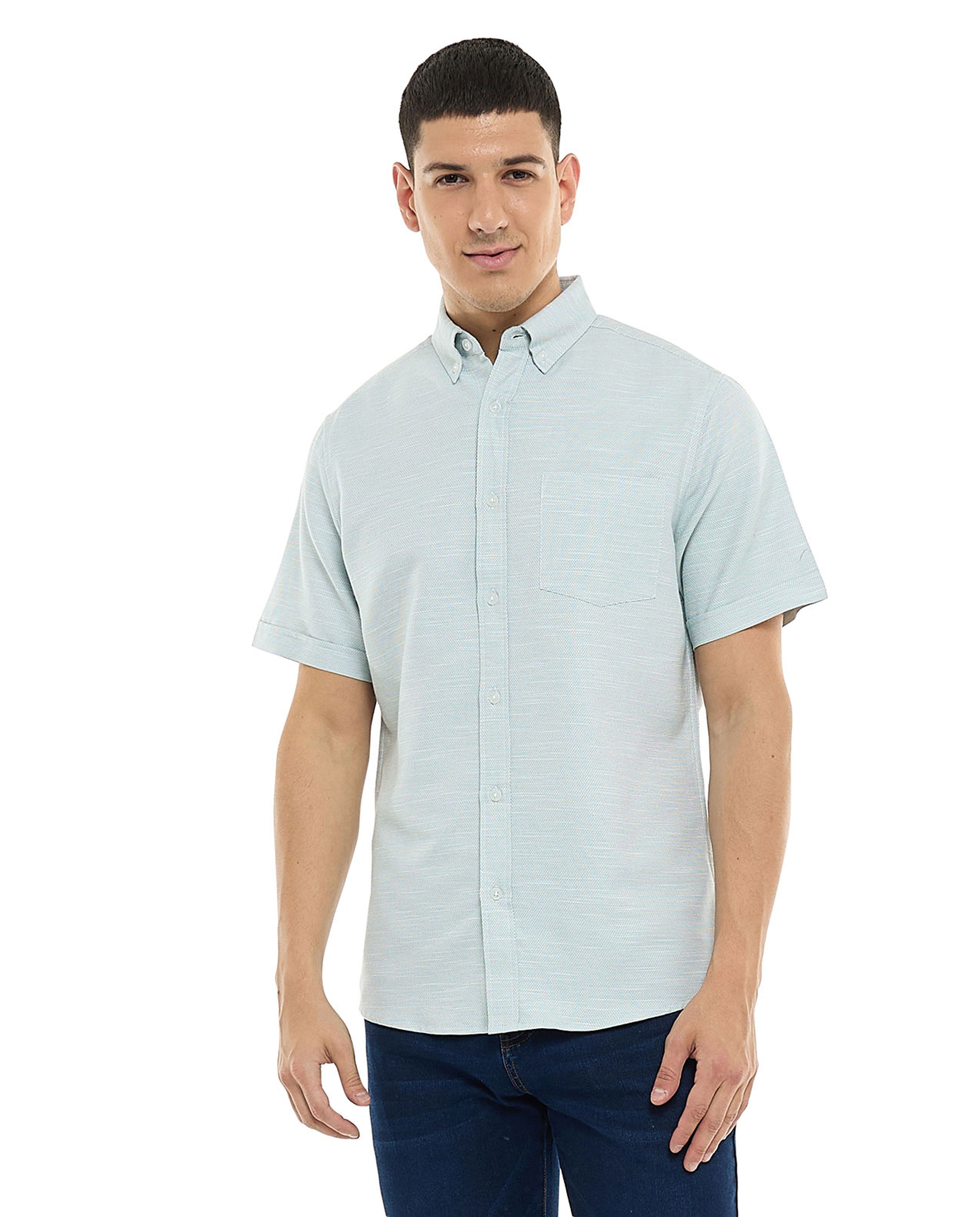 Textured Shirt with Button-Down Collar and Short Sleeves