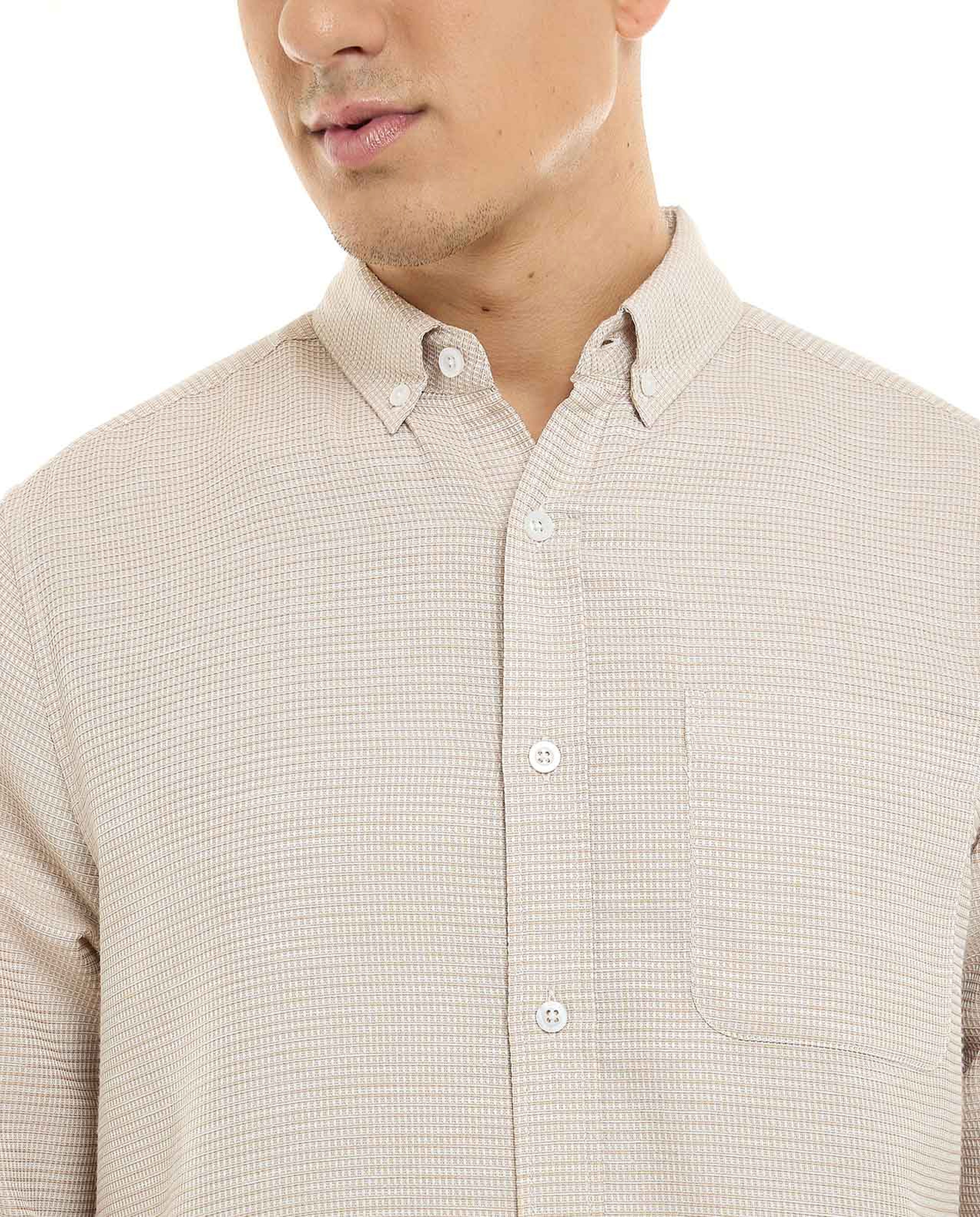 Textured Shirt with Button-Down Collar and Long Sleeves