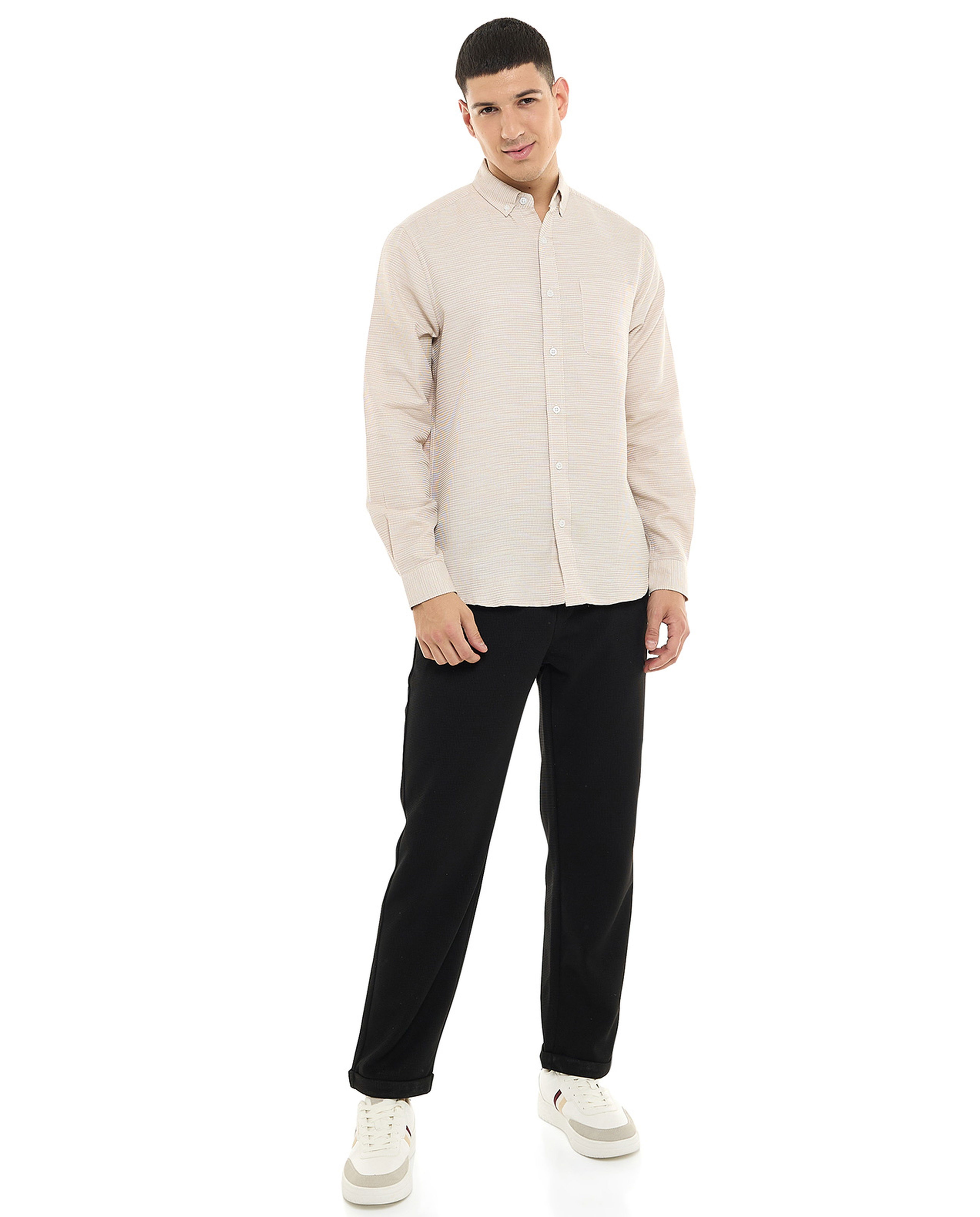 Textured Shirt with Button-Down Collar and Long Sleeves