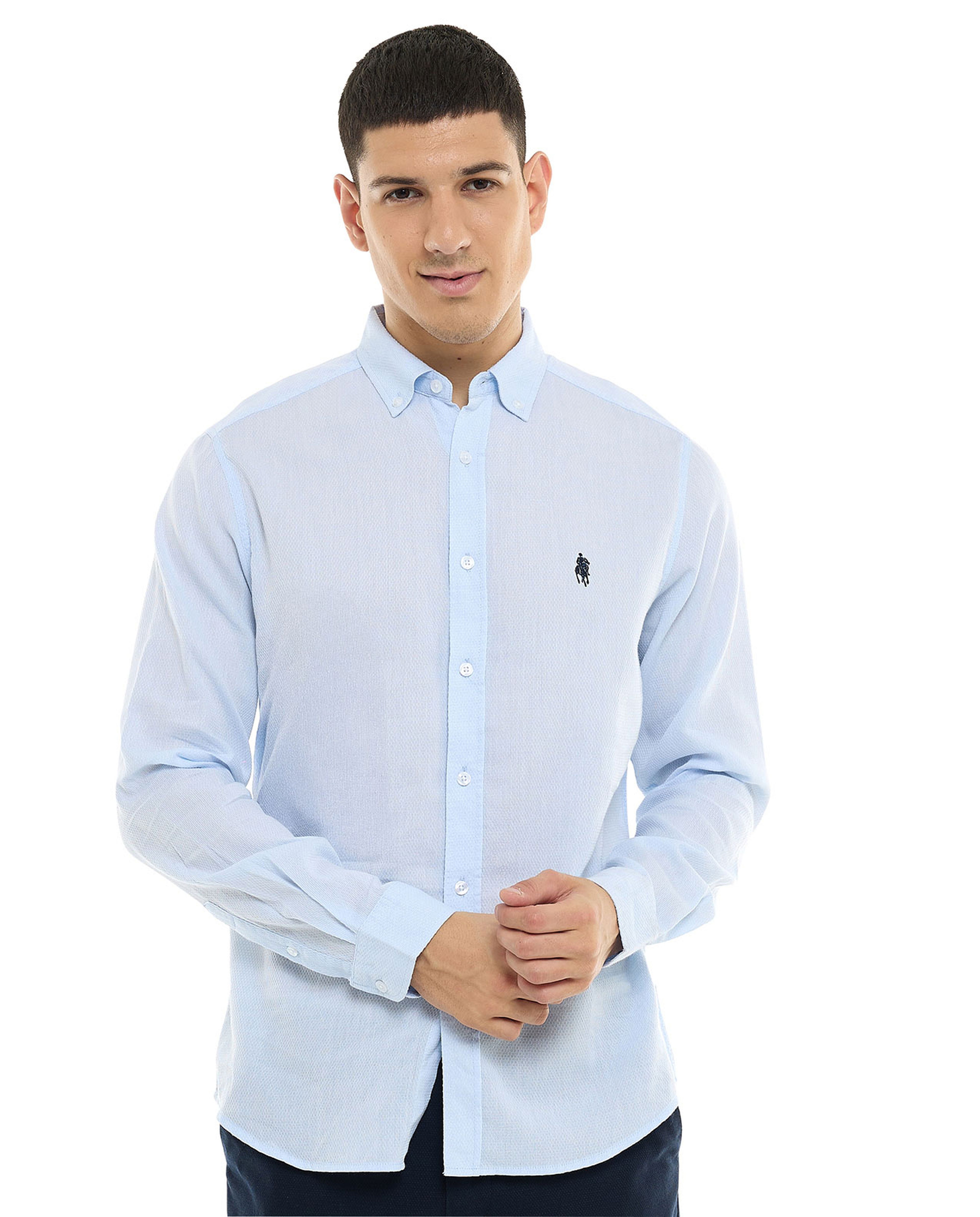 Textured Shirt with Button-Down Collar and Long Sleeves